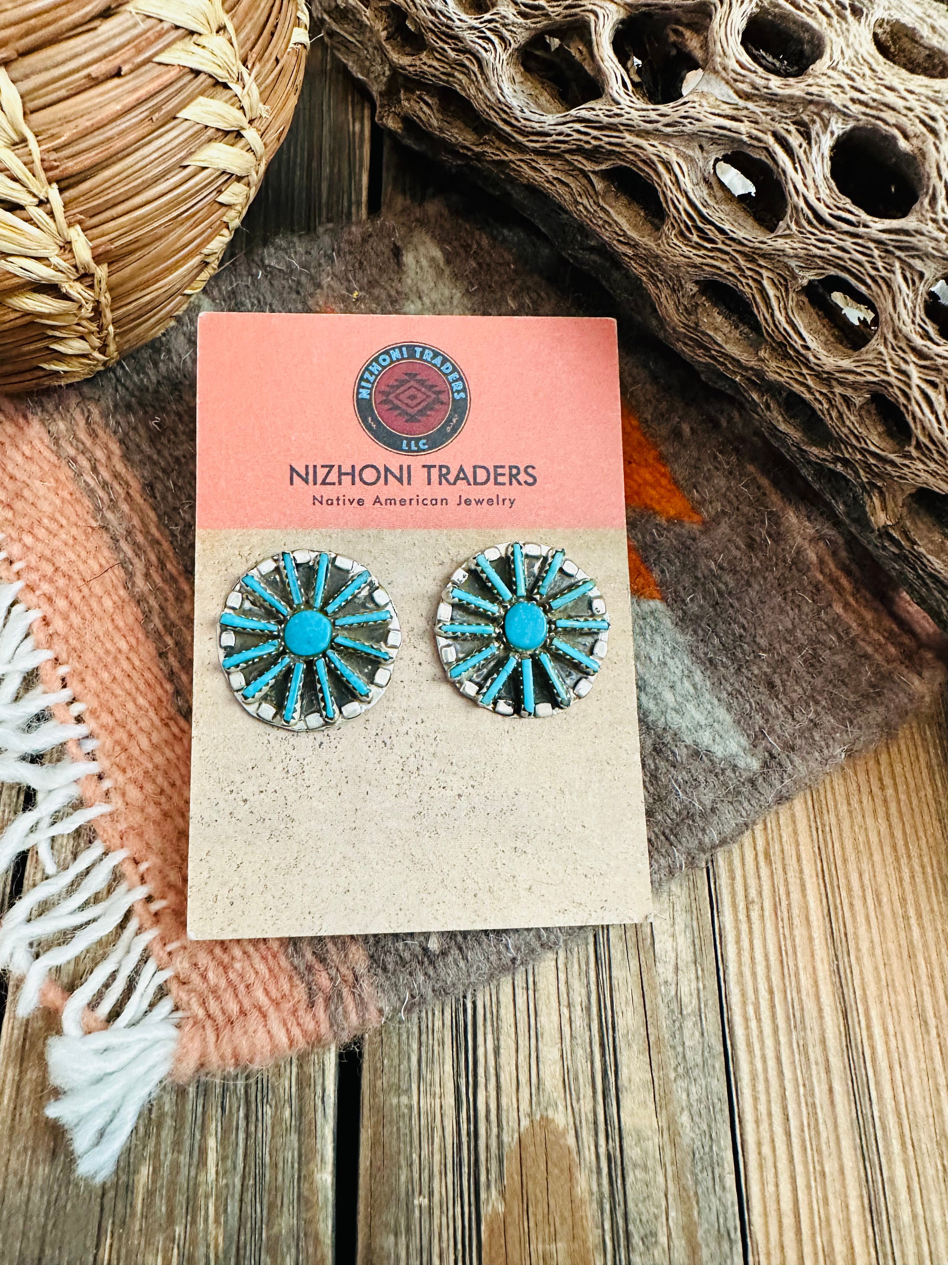 Zuni Sterling Silver & Turquoise Needlepoint Cluster Earrings