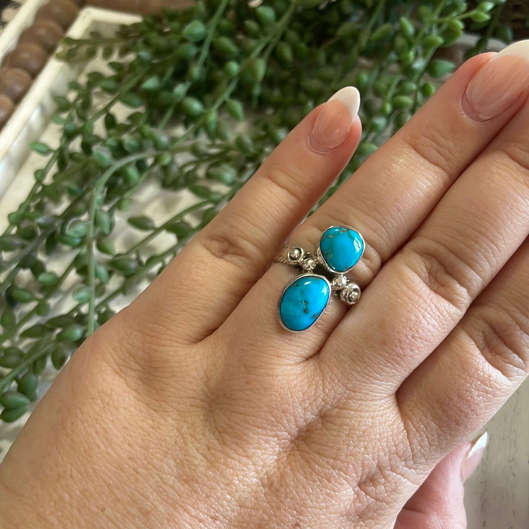 Navajo Double Stone Turquoise Sterling Silver Ring Size 8