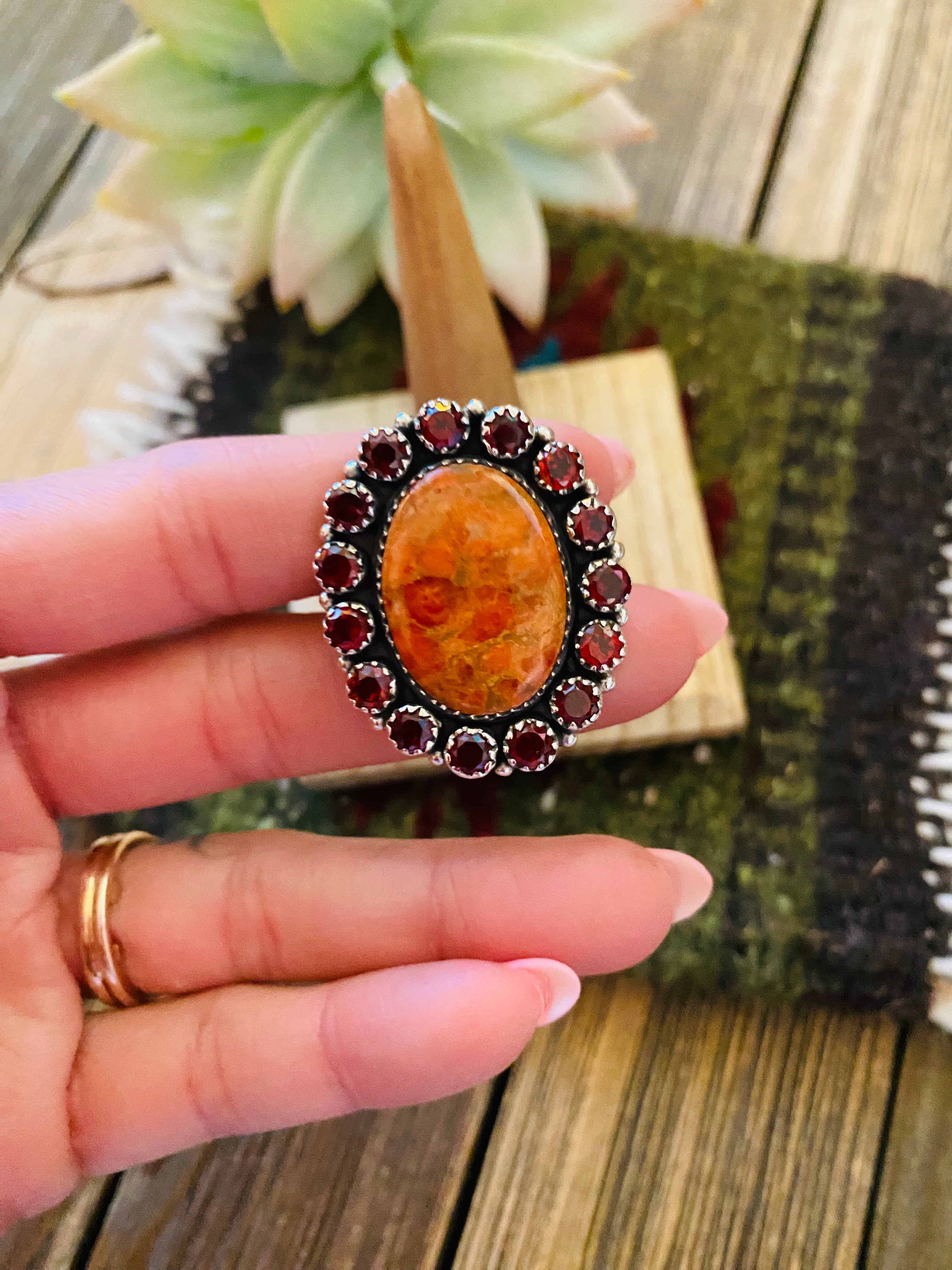 Handmade Sterling Silver, Garnet & Orange Mojave Adjustable Ring