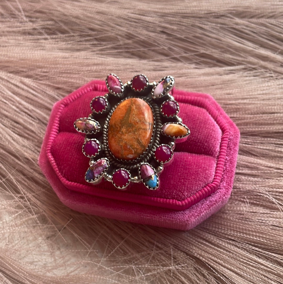 Beautiful Handmade Orange & Pink Mojave, Pink Onyx & Sterling Silver Adjustable Ring Signed Nizhoni