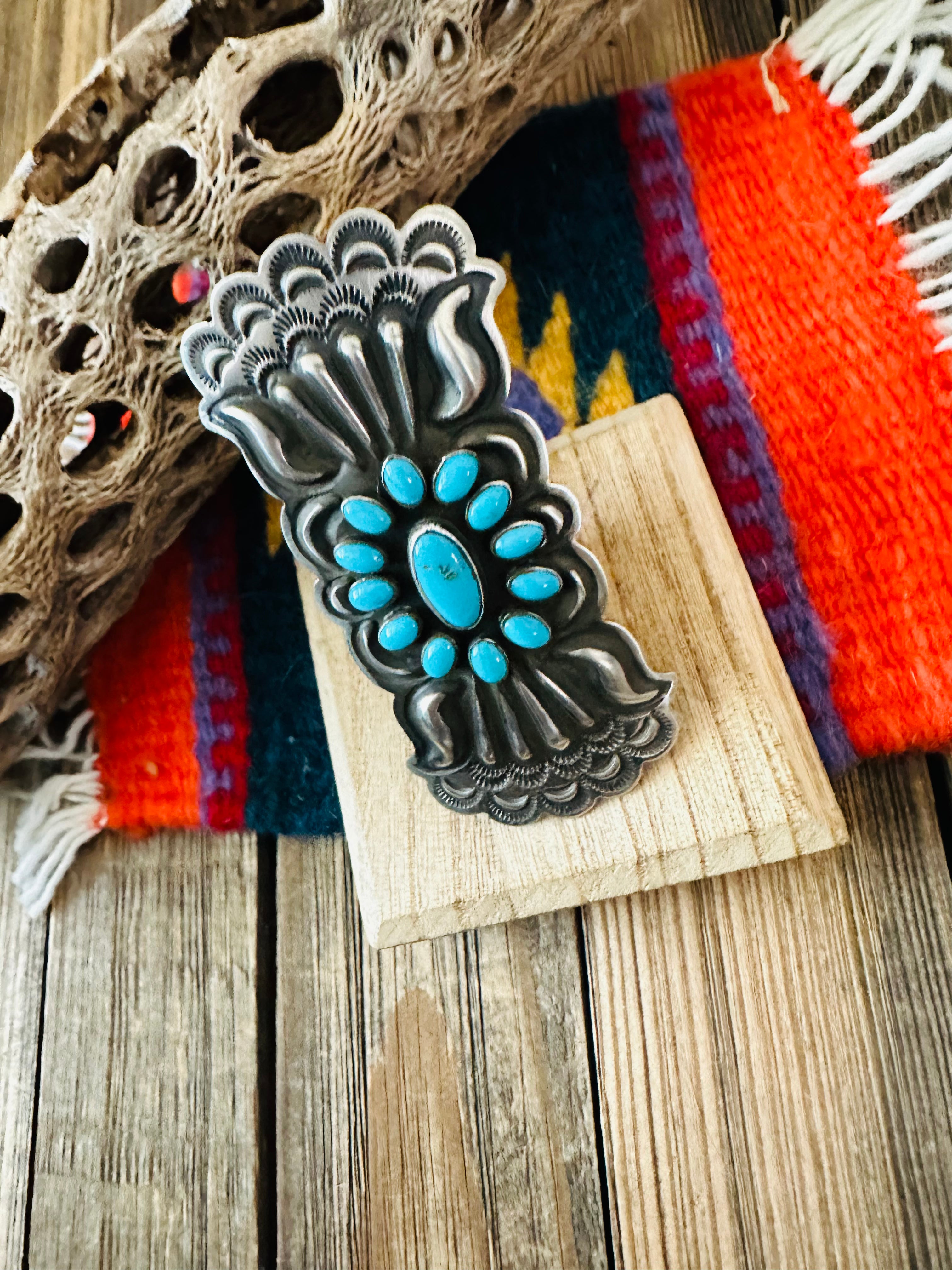 Navajo Turquoise and Sterling Silver Adjustable Concho Ring