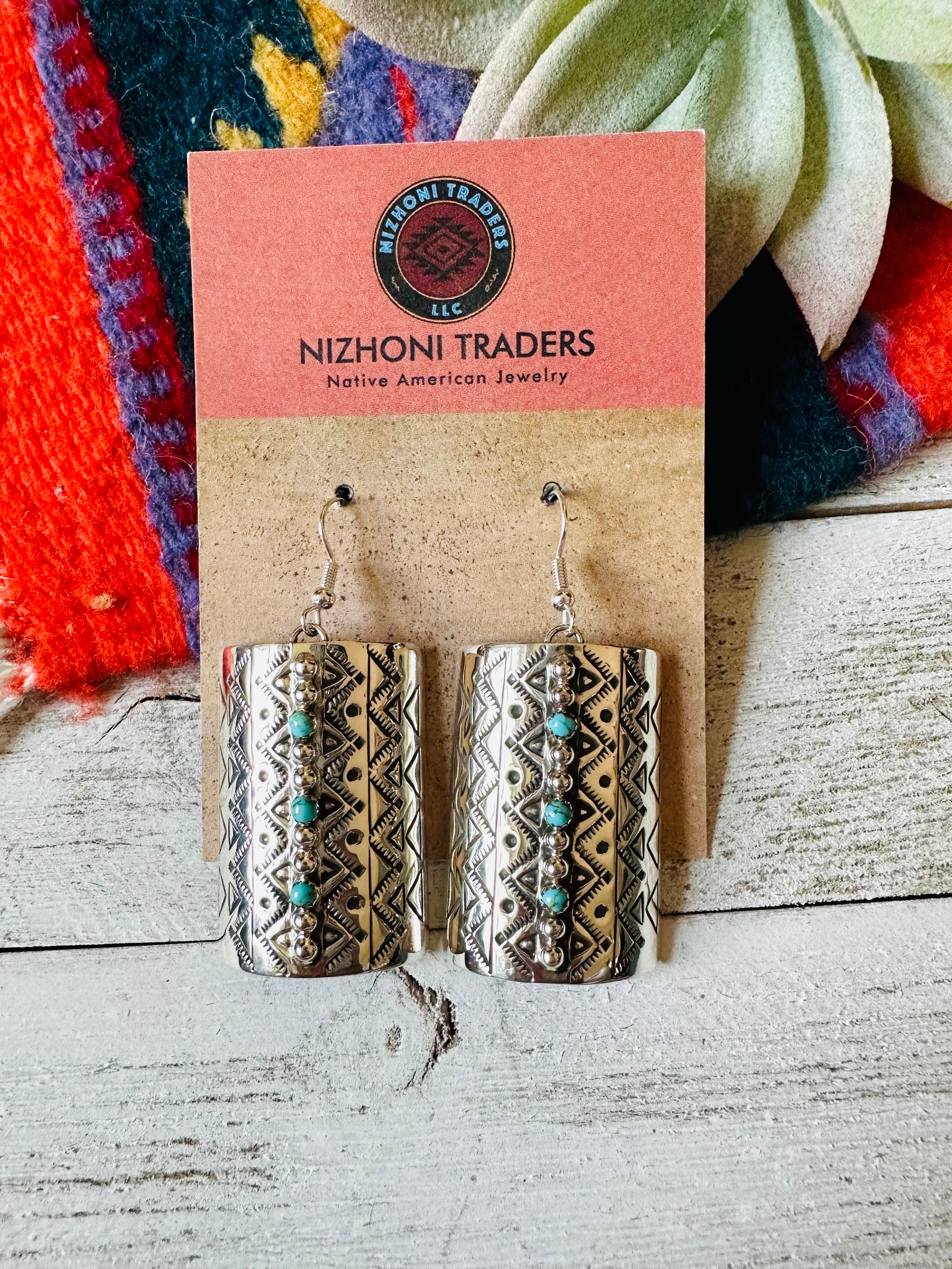 Navajo Hand Stamped Sterling Silver & Turquoise Dangle Earrings