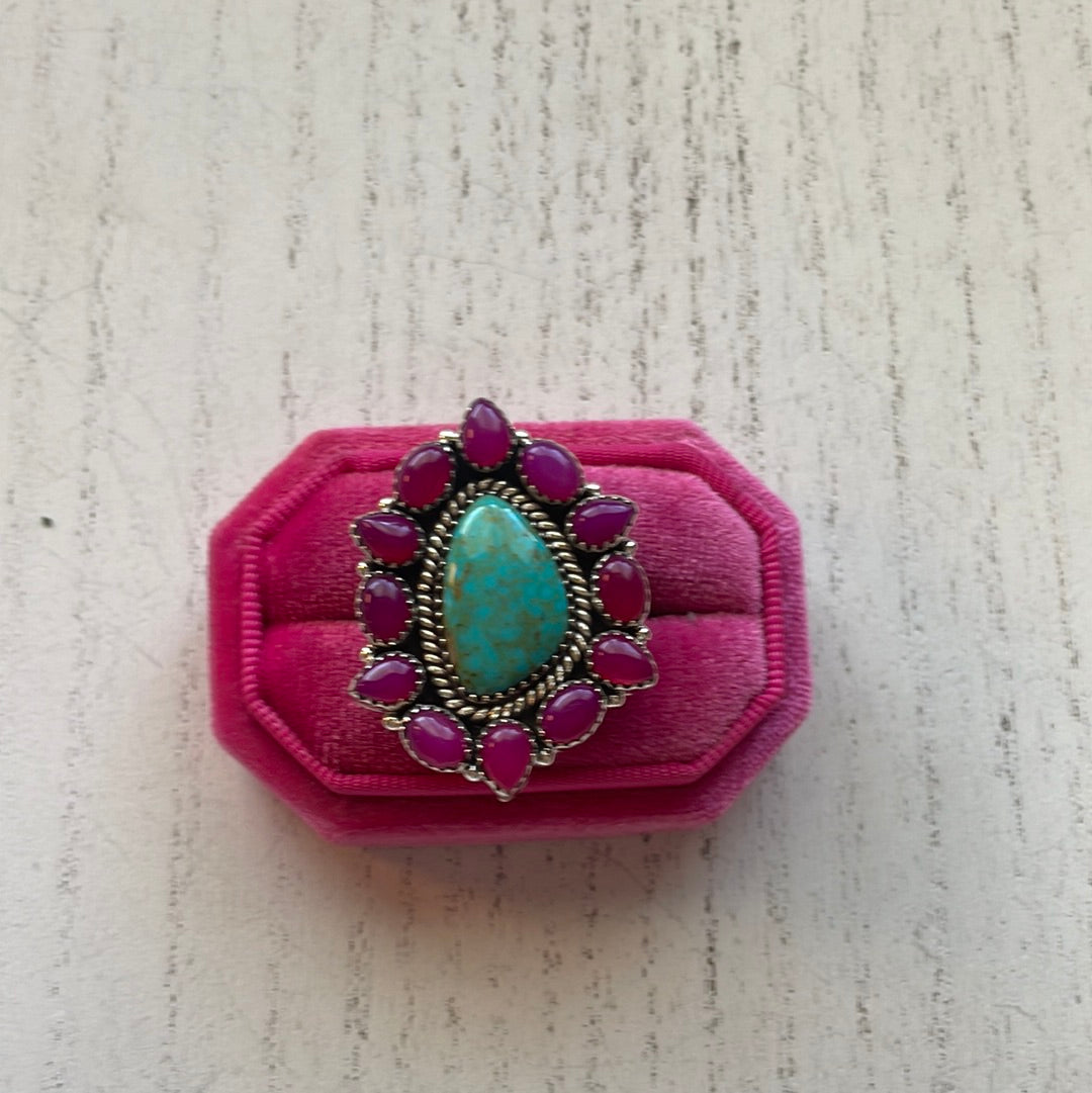 Handmade Pink Onyx & Turquoise Sterling Silver Adjustable Ring Signed Nizhoni