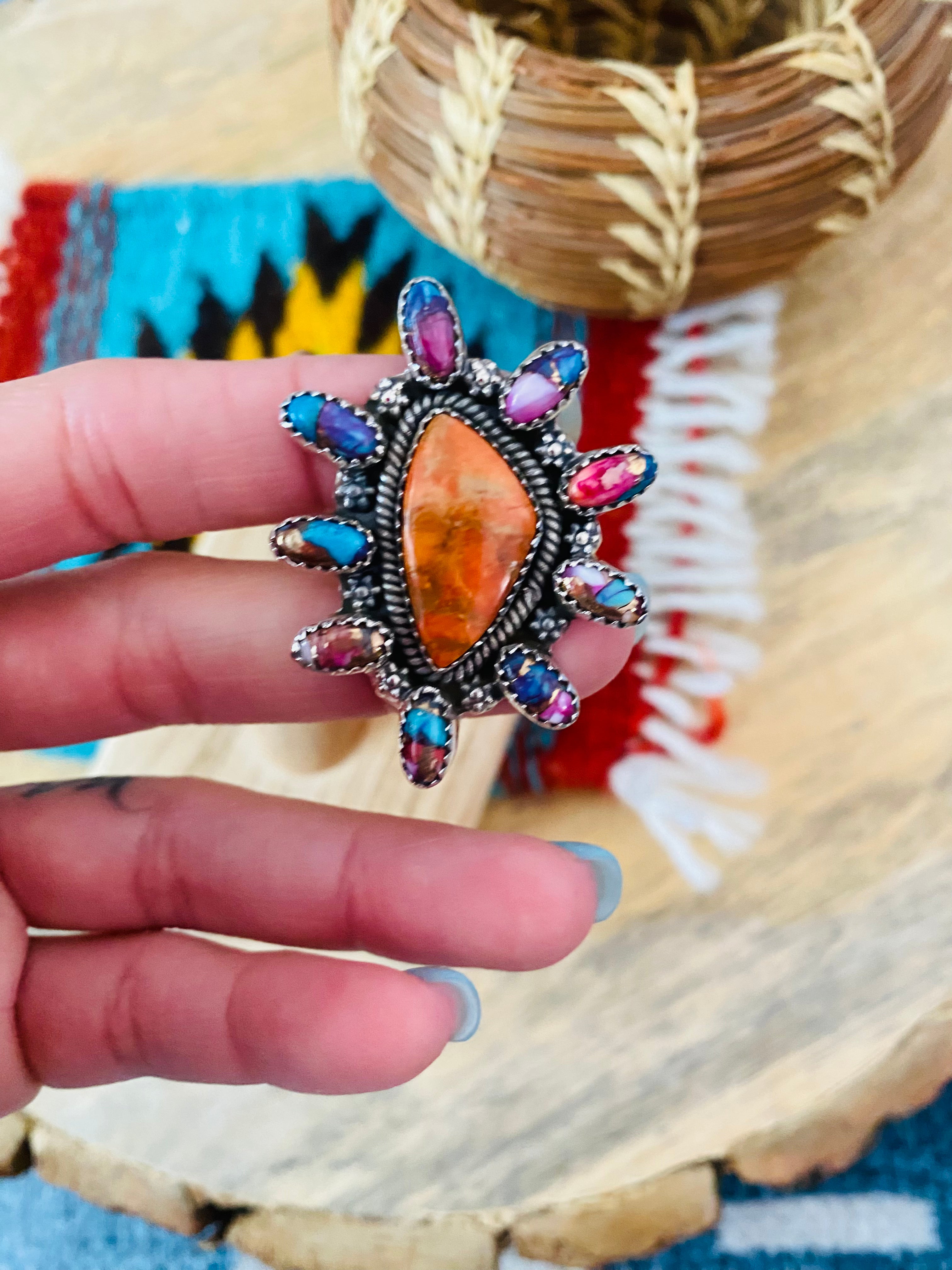 Handmade Sterling Silver, Pink Dream & Orange Mojave Cluster Adjustable Ring