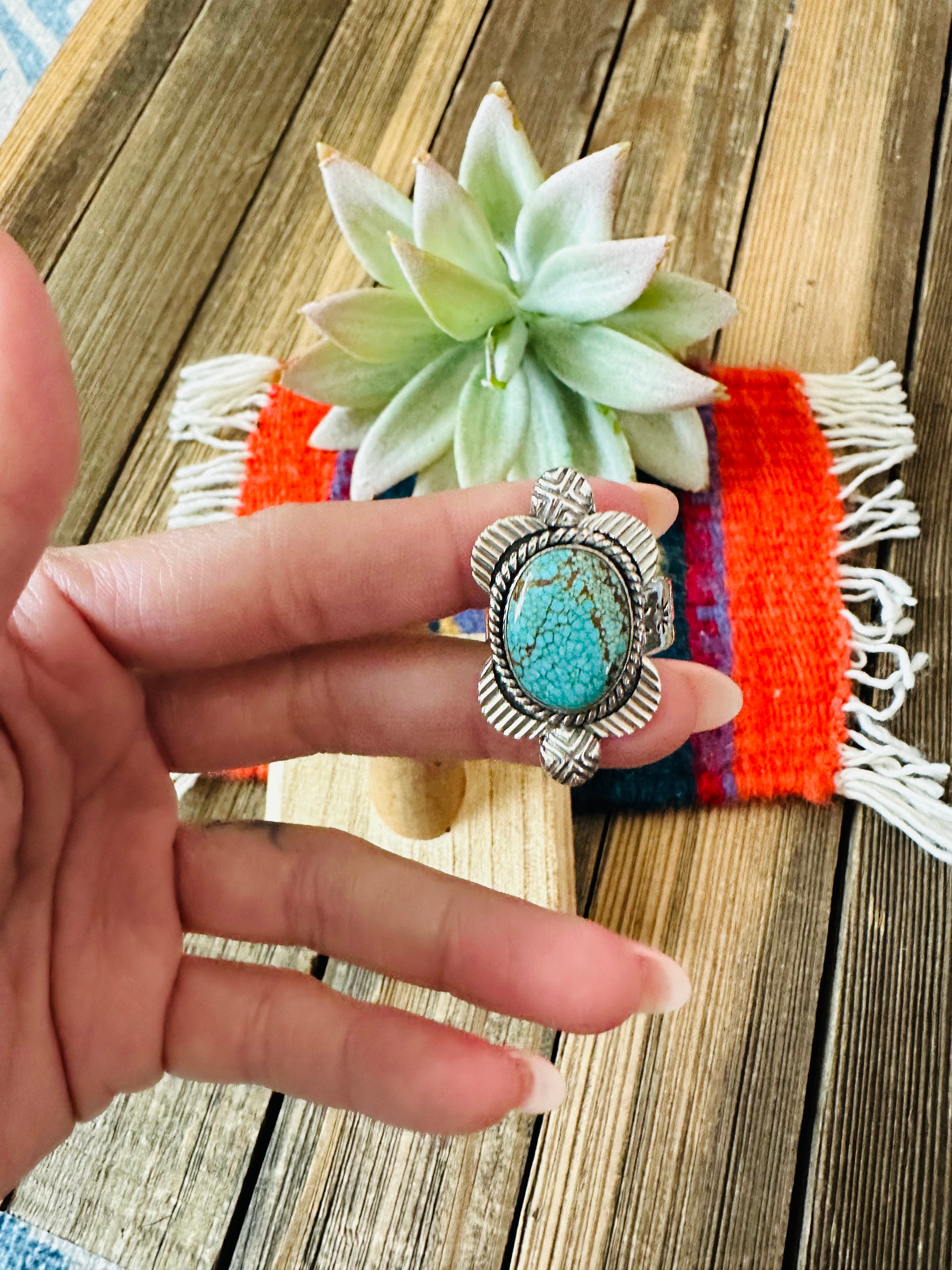 Handmade Sterling Silver & Number 8 Turquoise Adjustable Ring