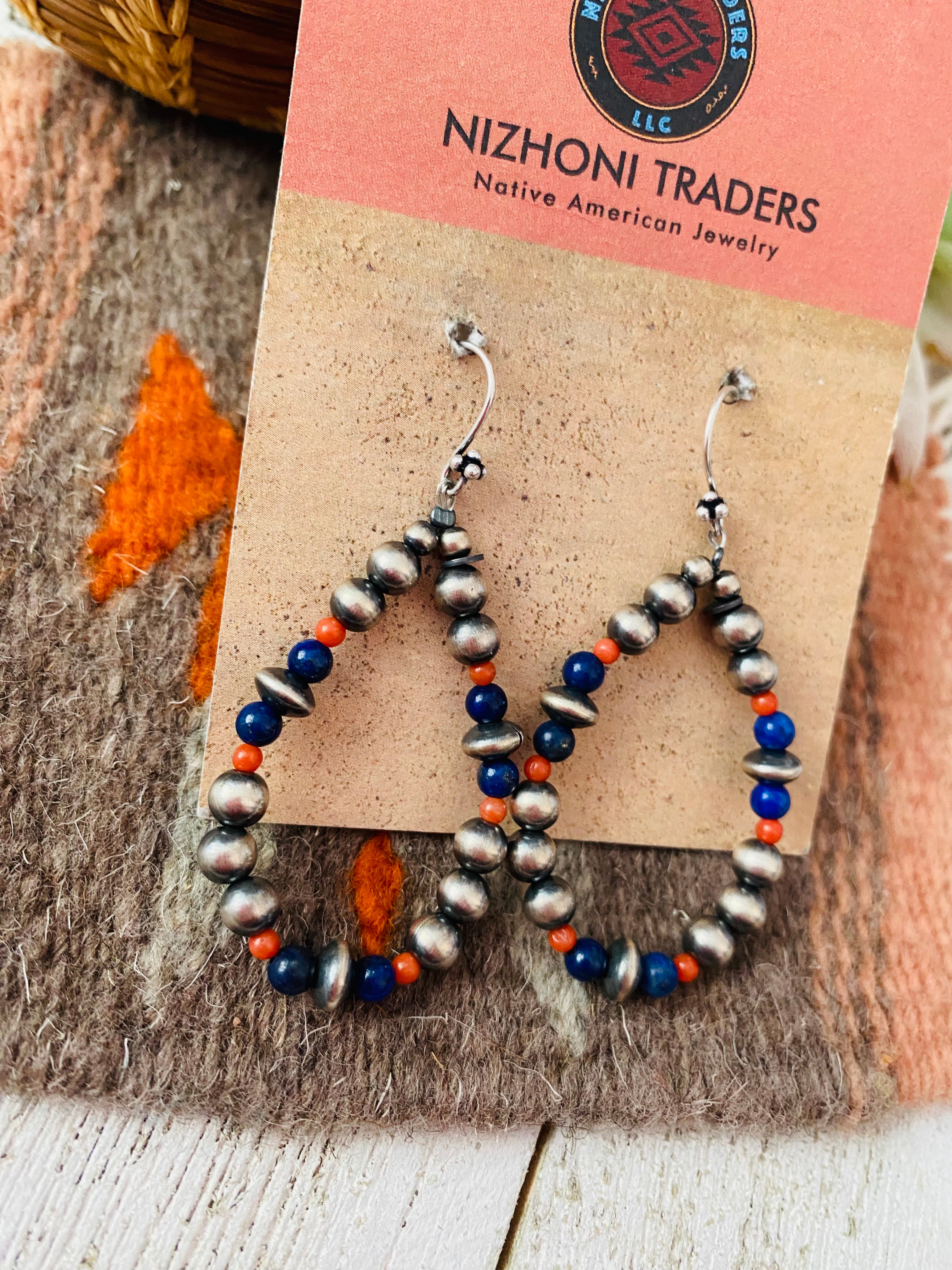 Handmade Coral, Lapis And Sterling Silver Beaded Dangle Earrings