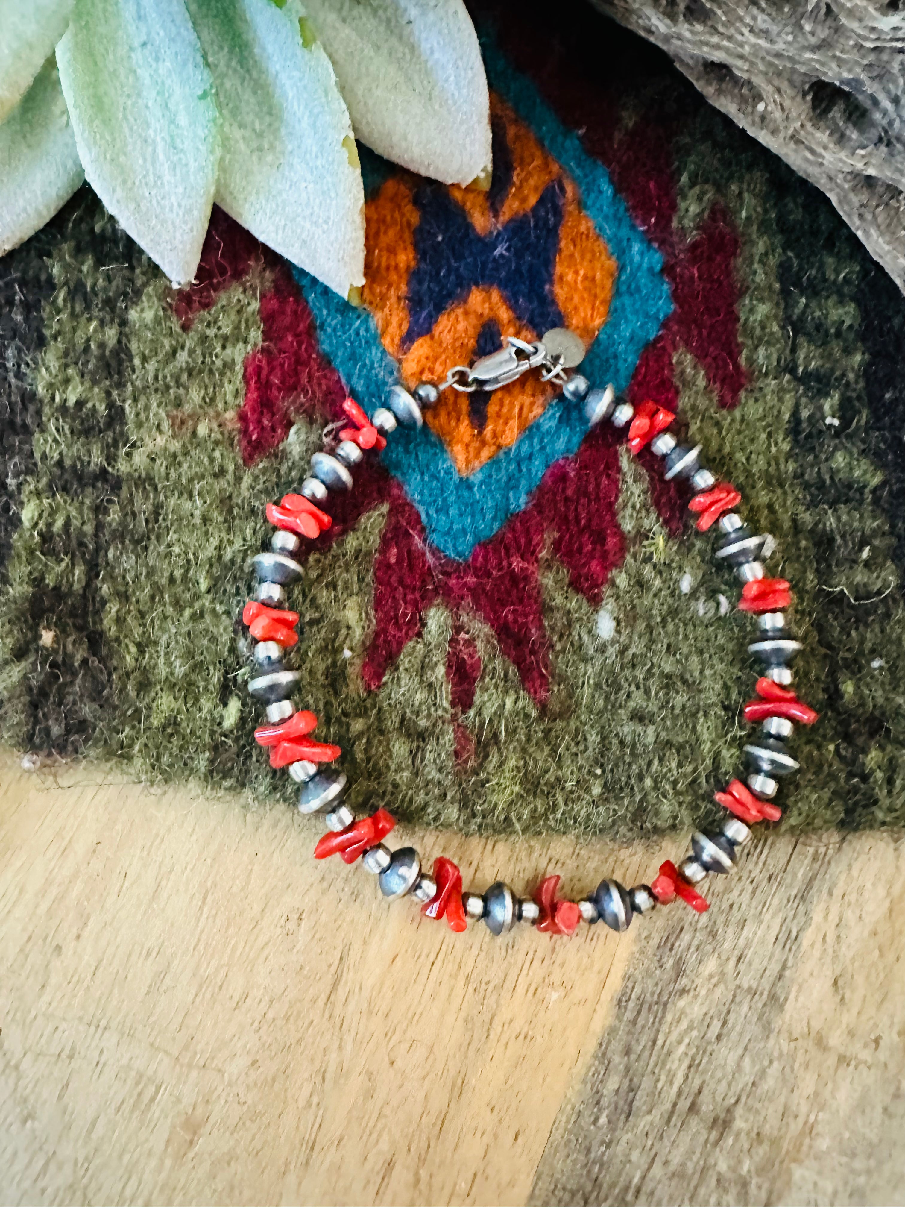 Navajo Coral & Sterling Silver Beaded Bracelet