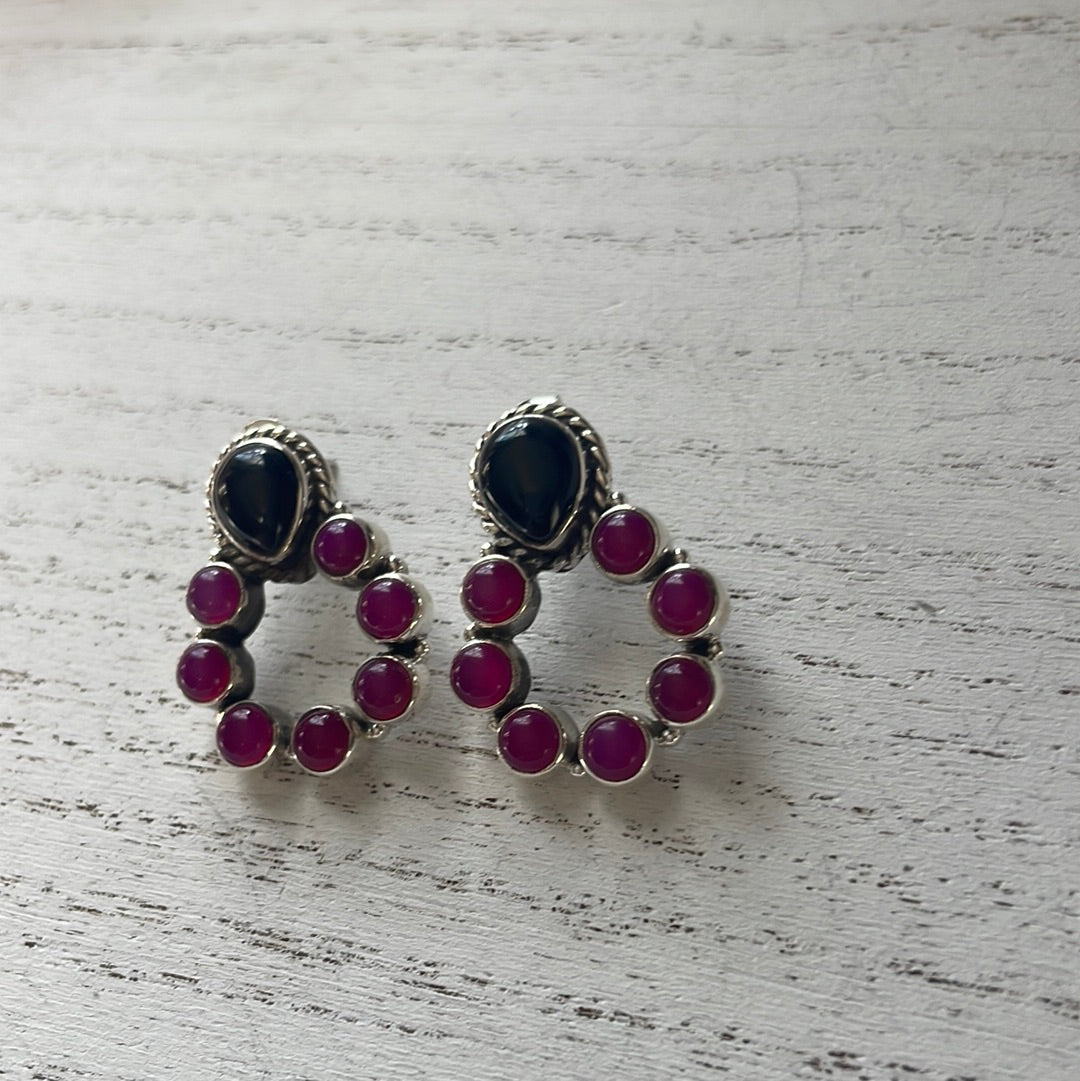 Beautiful Handmade Pink & Black Onyx & Sterling Silver Post Earrings Signed Nizhoni