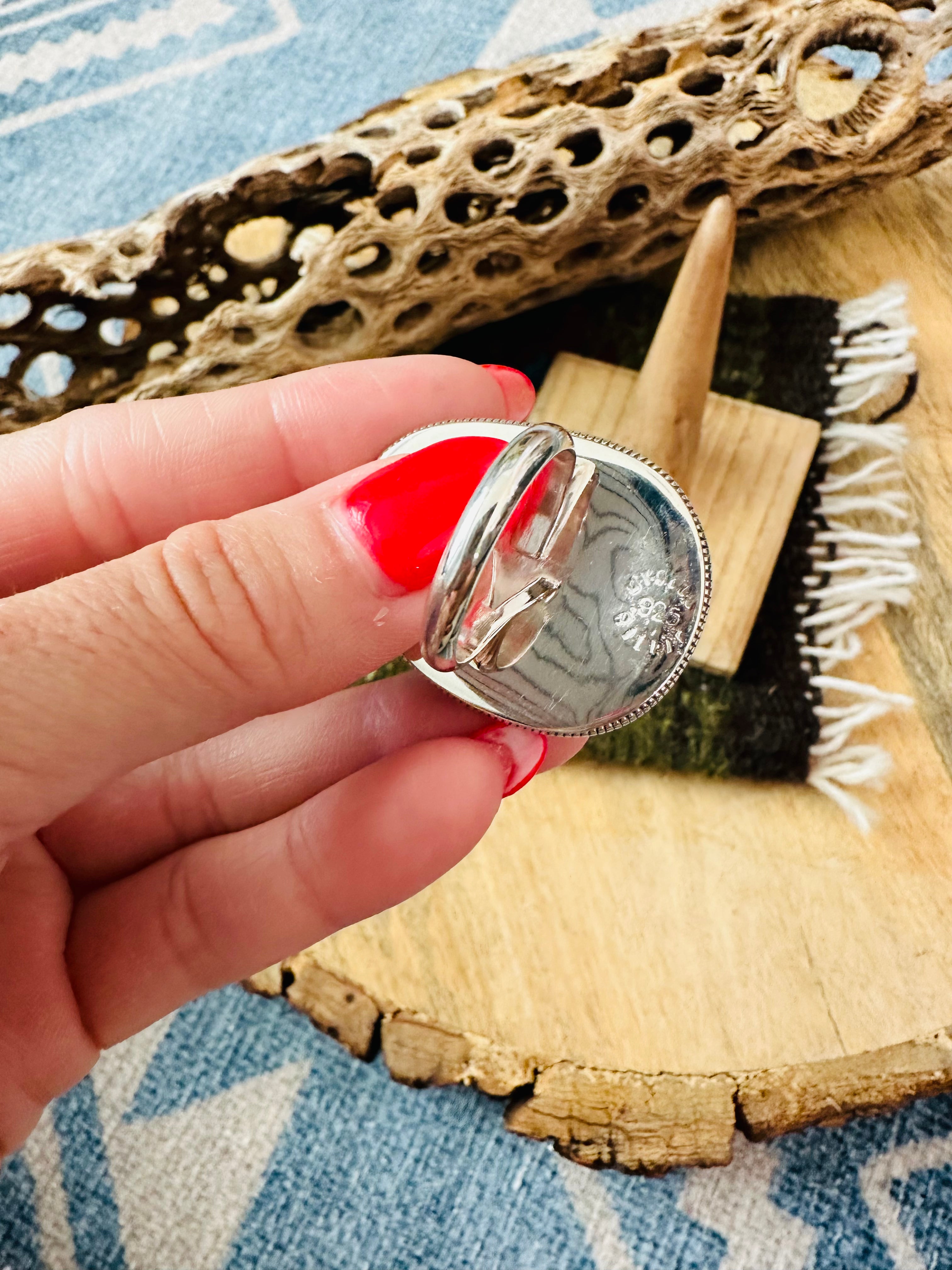 Navajo Sterling Silver & Number 8 Turquoise Adjustable Ring by Wydell Billie