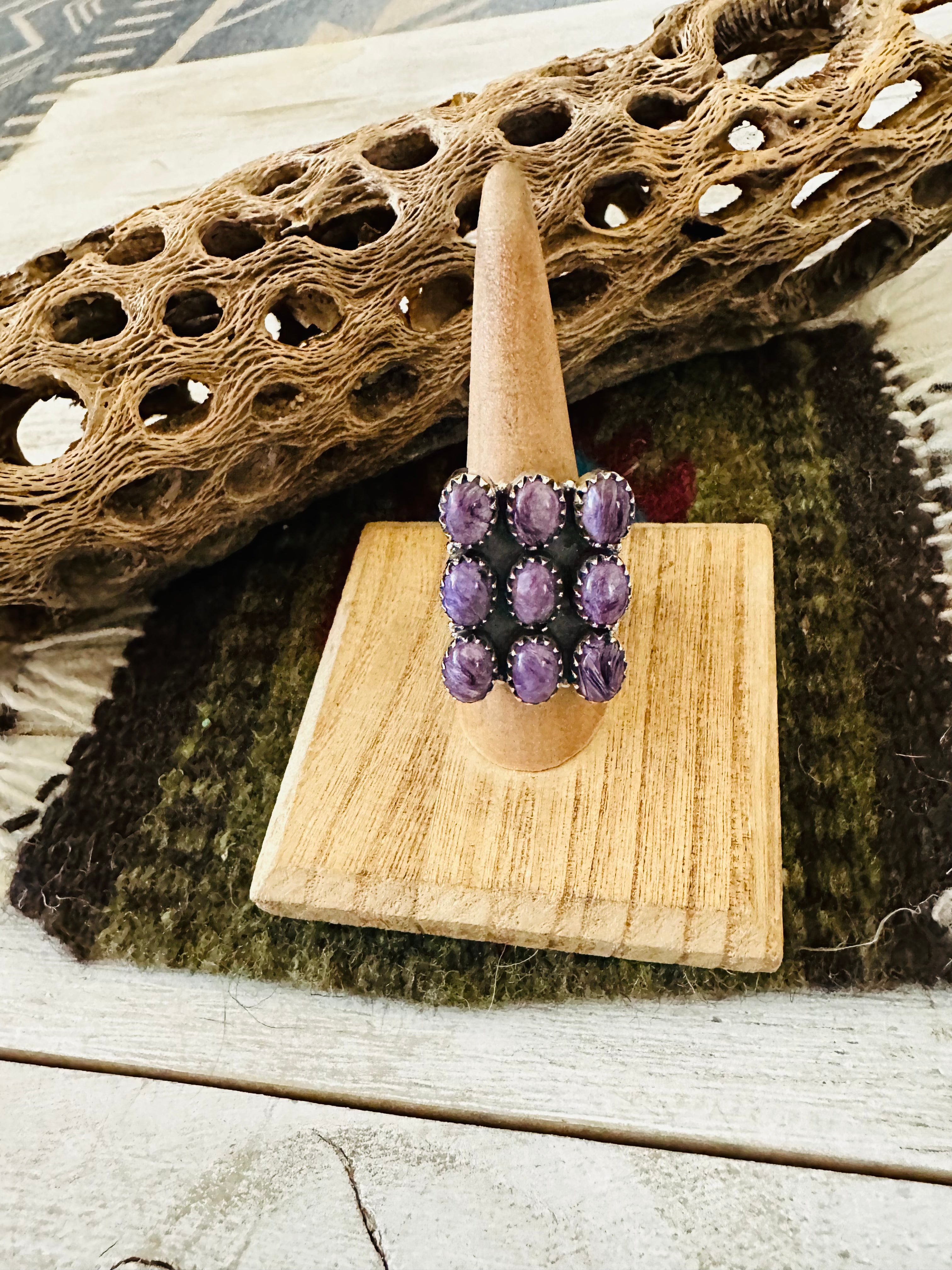 Handmade Sterling Silver & Charoite Cluster Adjustable Ring