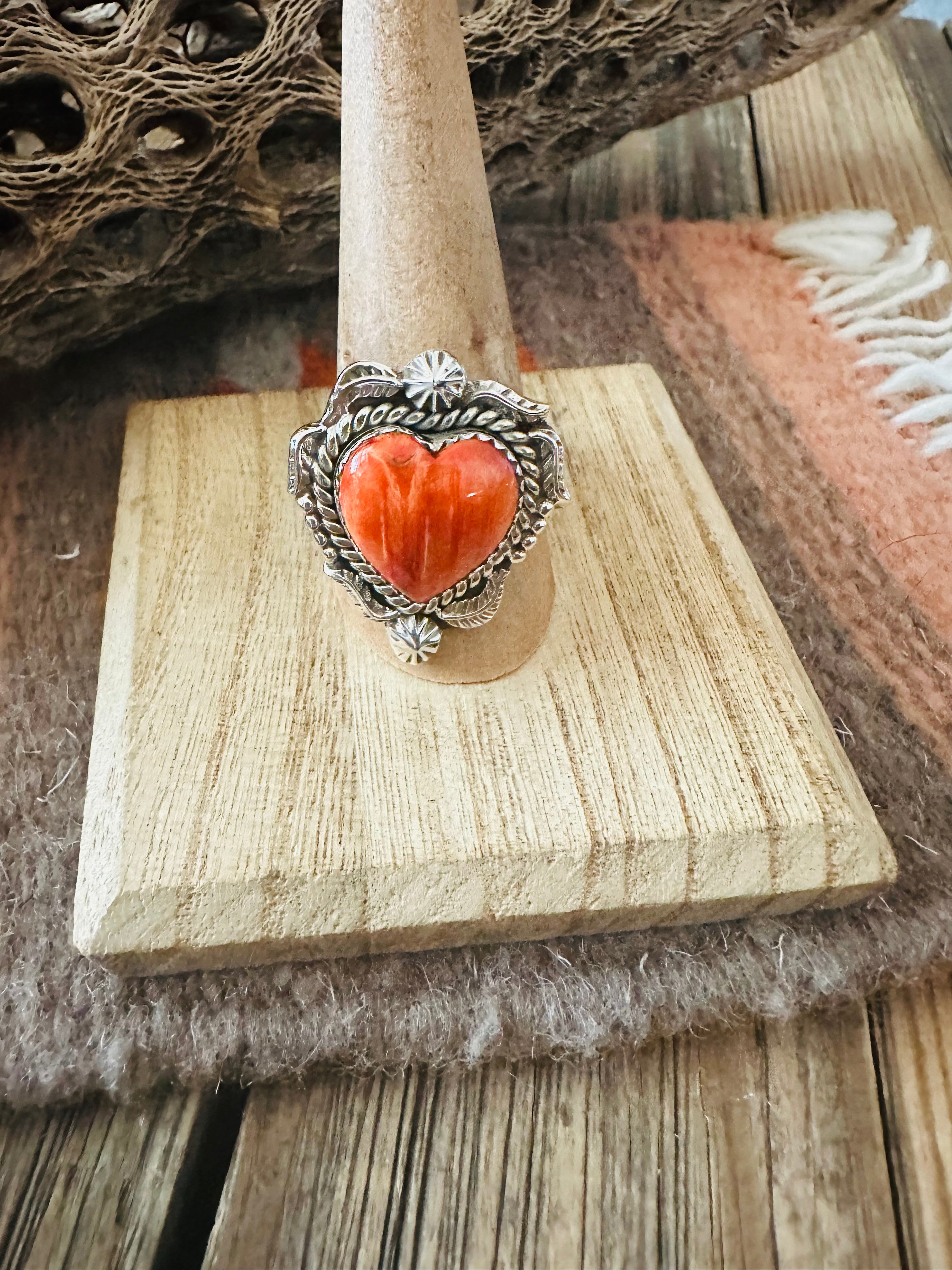 Handmade Sterling Silver & Orange Spiny Heart Adjustable Ring