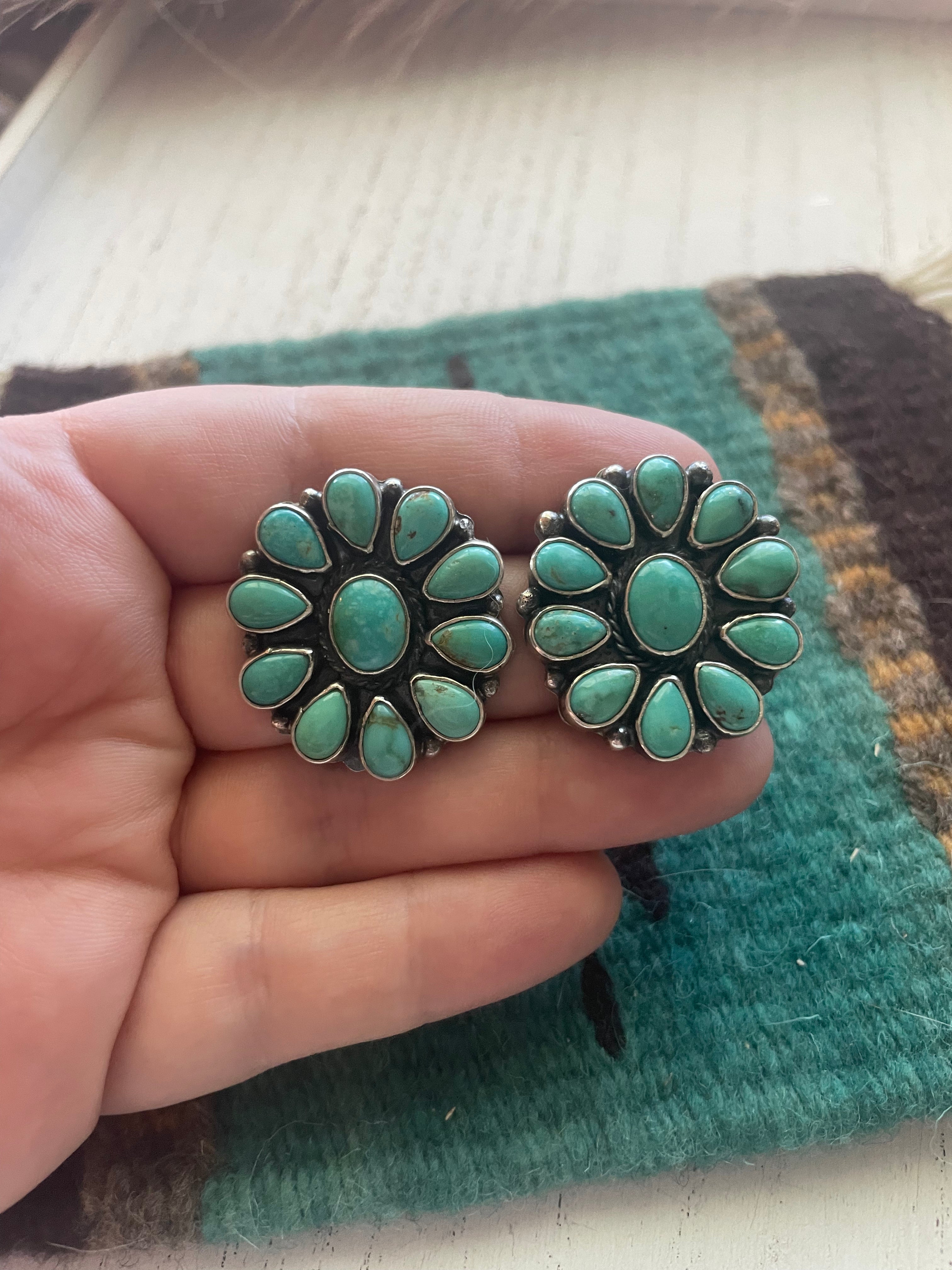 Navajo C Yazzie Sterling Silver & Turquoise Cluster Earrings Signed