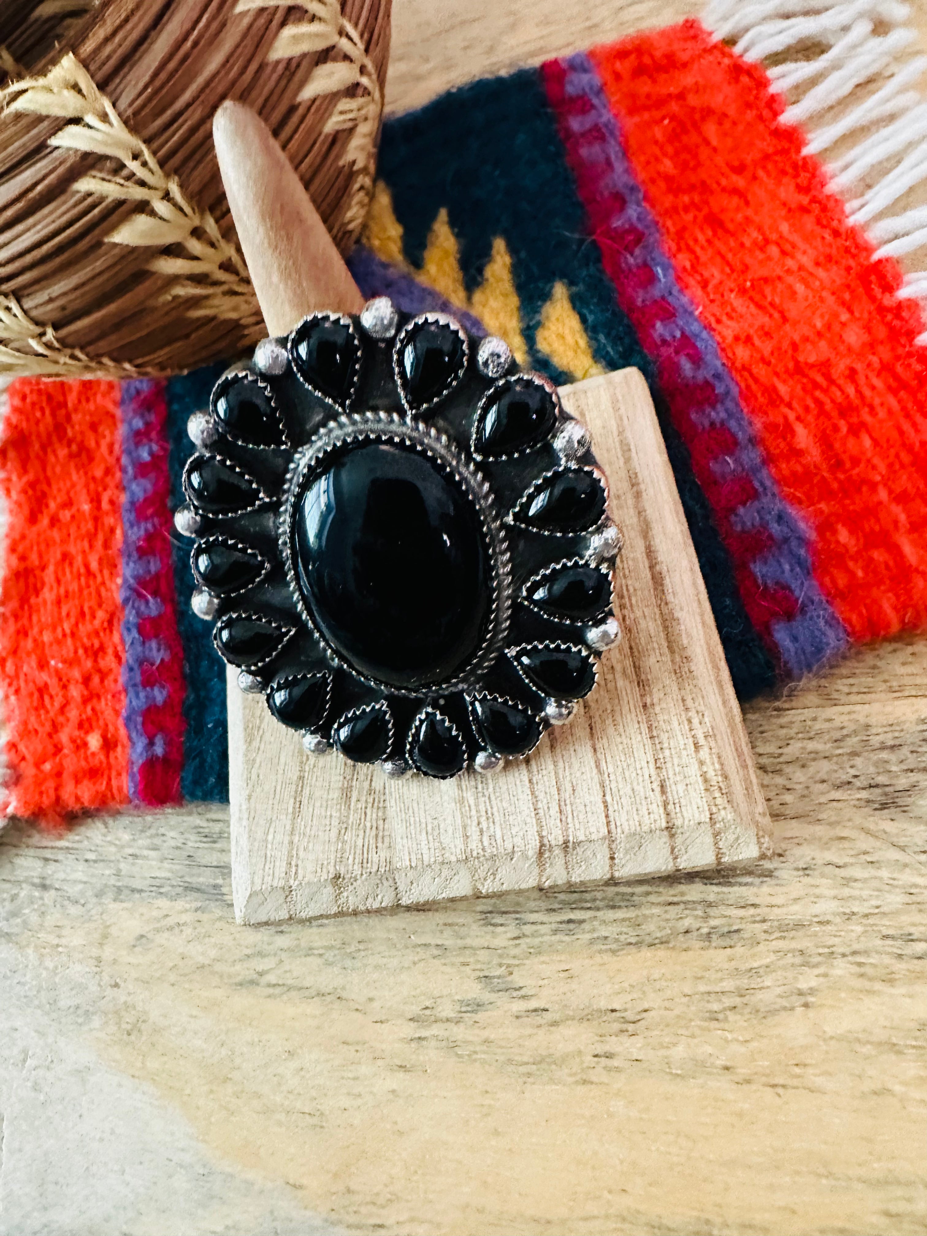 Navajo Sterling Silver & Black Onyx Cluster Adjustable Ring