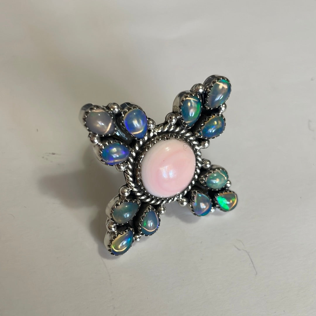 “The Love Bug” Handmade Pink Conch, Opal And Sterling Silver Adjustable Ring Signed Nizhoni