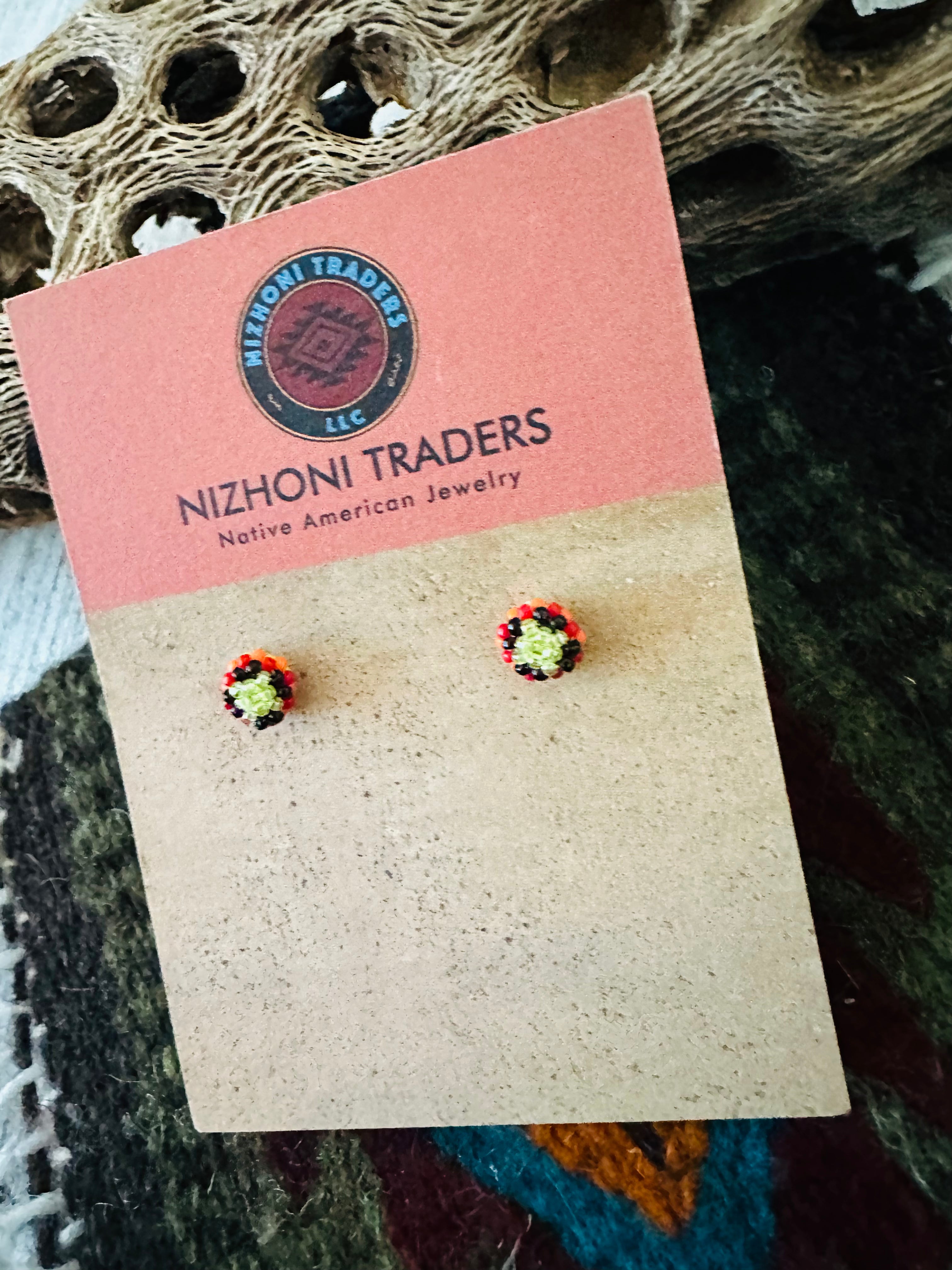 Navajo Handmade Beaded Stud Earrings- yellow