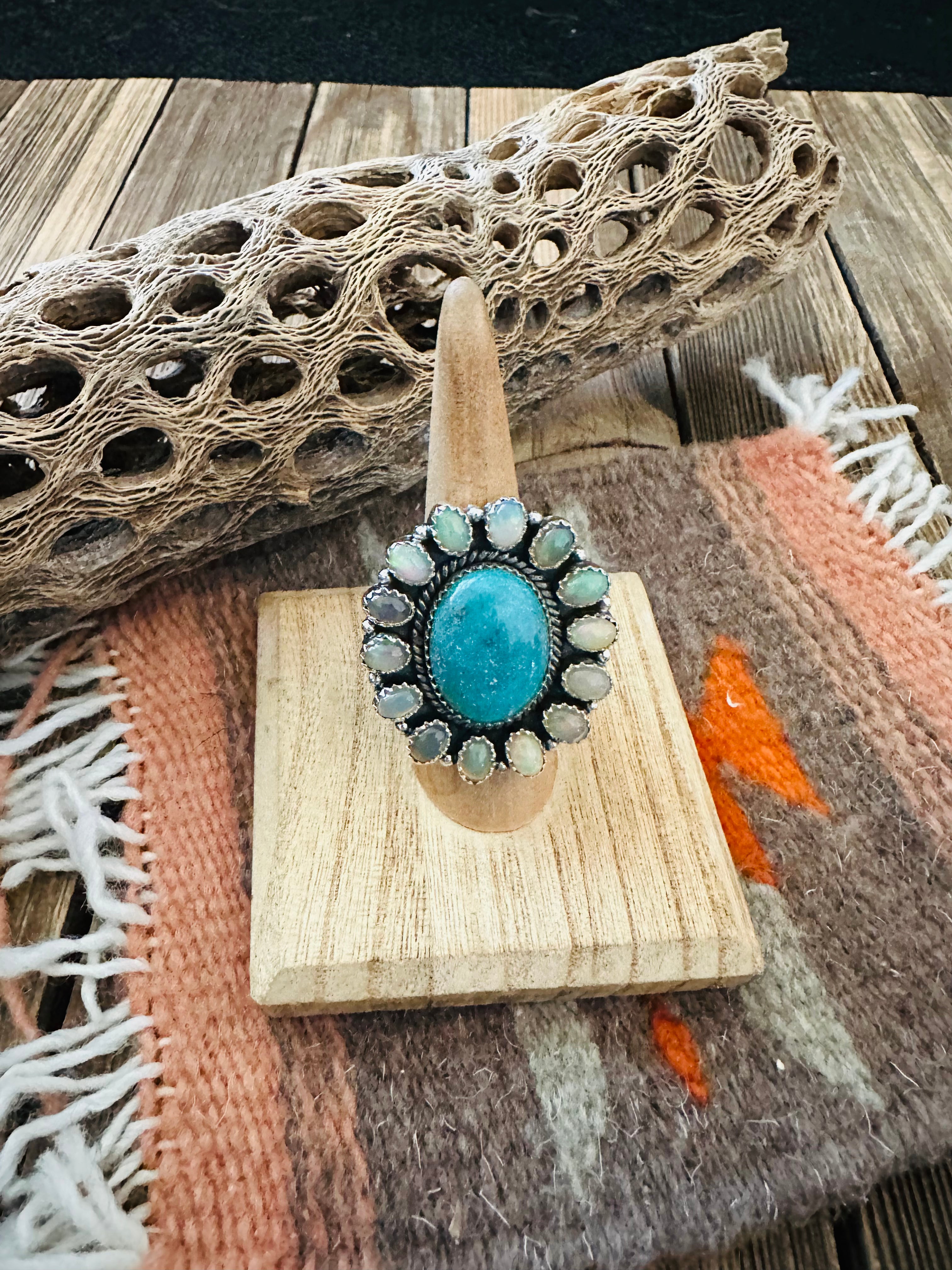 Handmade Sterling Silver Turquoise & Opal Cluster Adjustable Ring