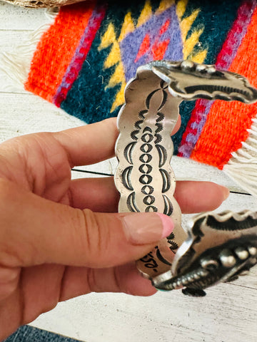 Navajo Turquoise & Sterling Silver Flower Cuff Bracelet /