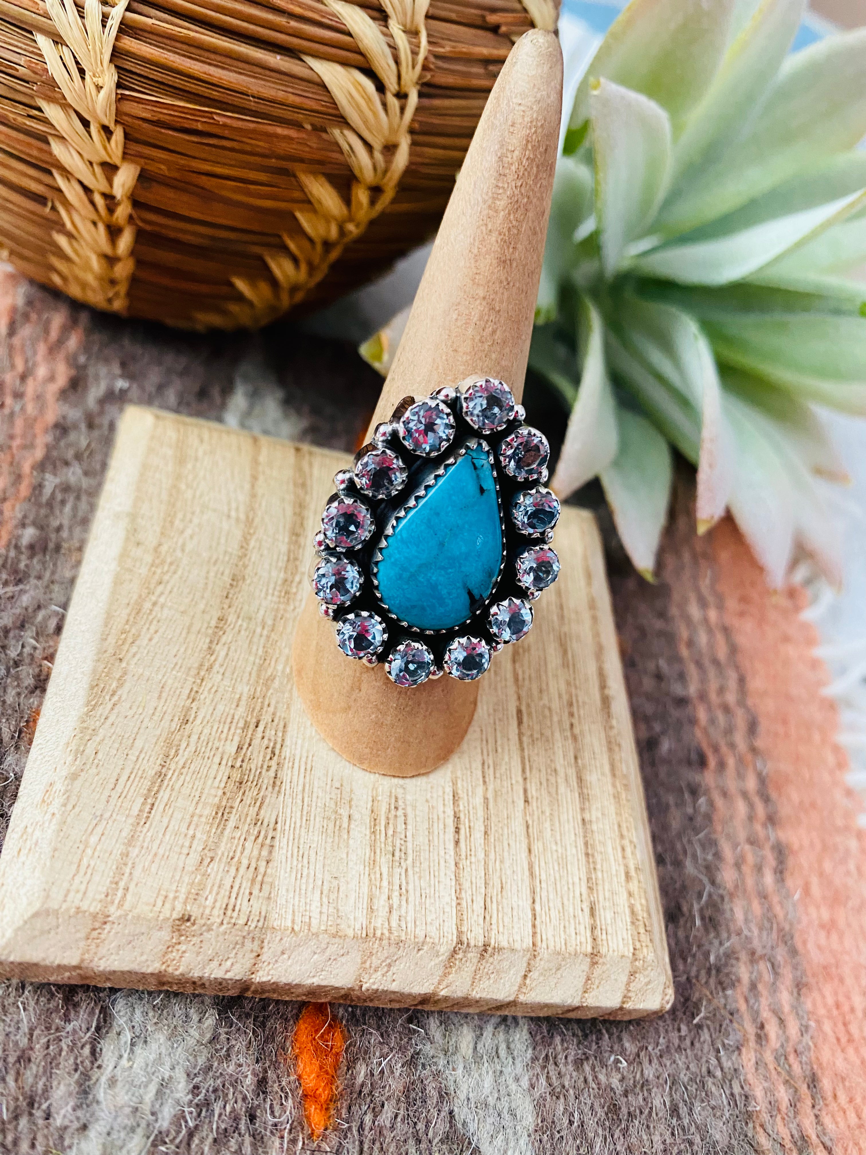 Handmade Sterling Silver, Turquoise & Topaz Cluster Adjustable Ring