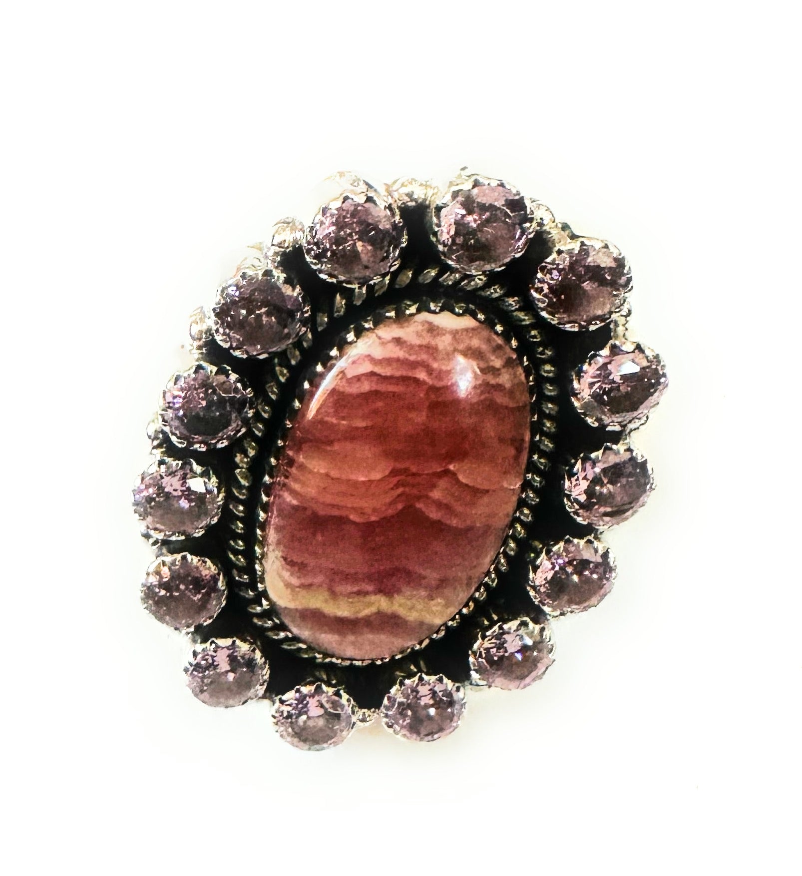 Handmade Sterling Silver, Rhodochrosite & Pink CZ Cluster Adjustable Ring