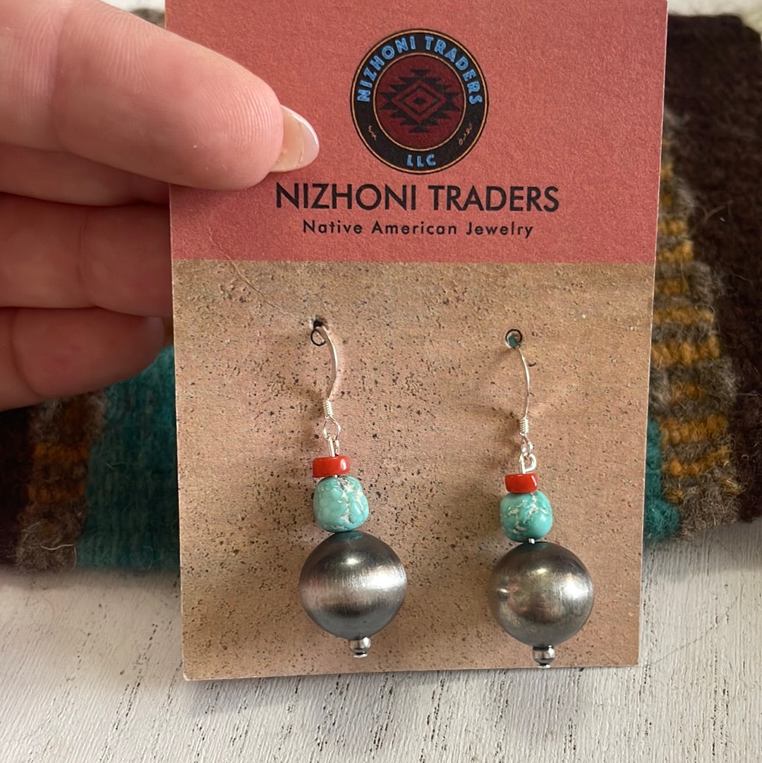 Navajo White Water Turquoise, Natural Coral & Sterling Silver Earrings