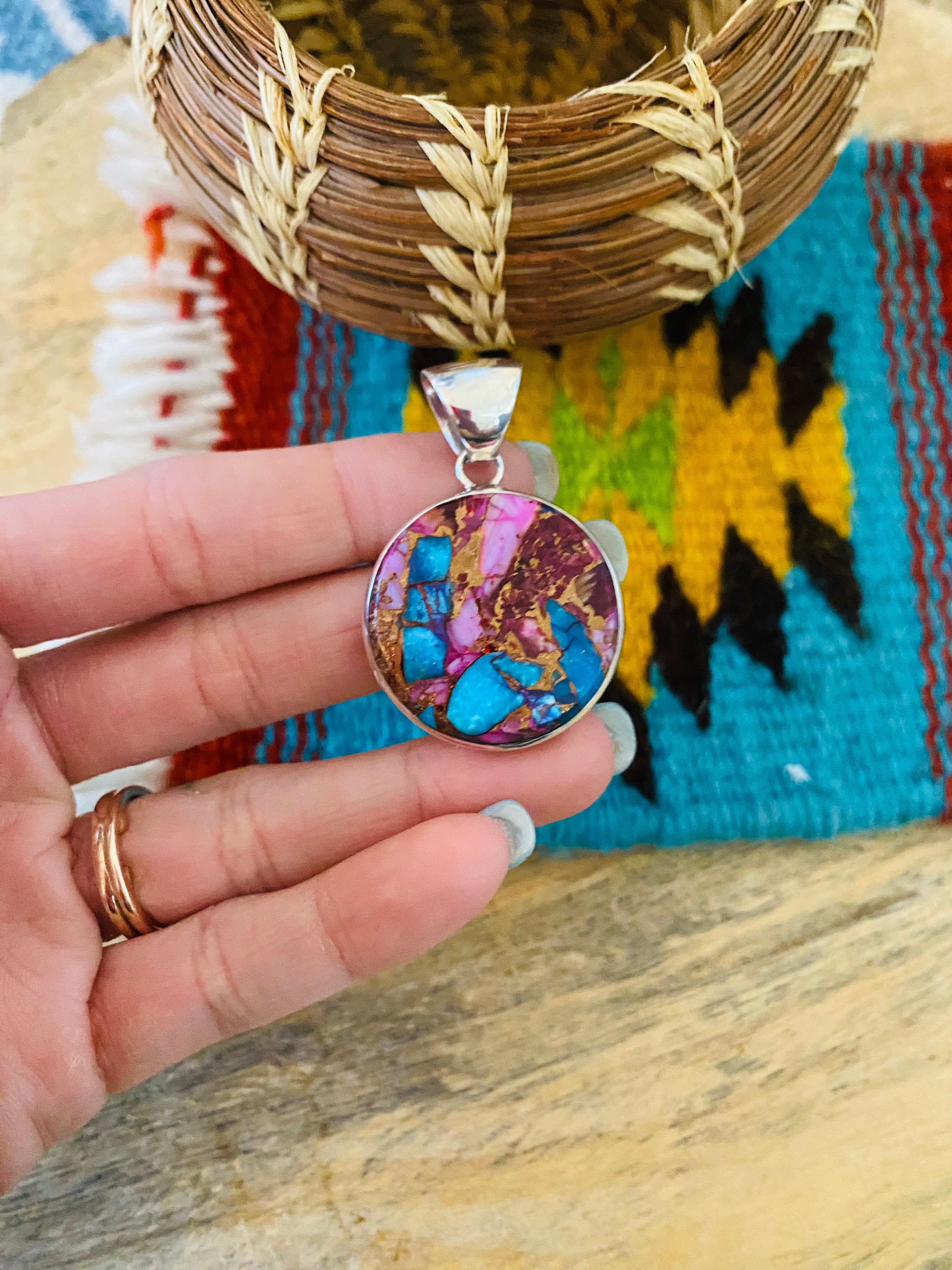 Navajo Sterling Silver & Pink Dream Circle Pendant