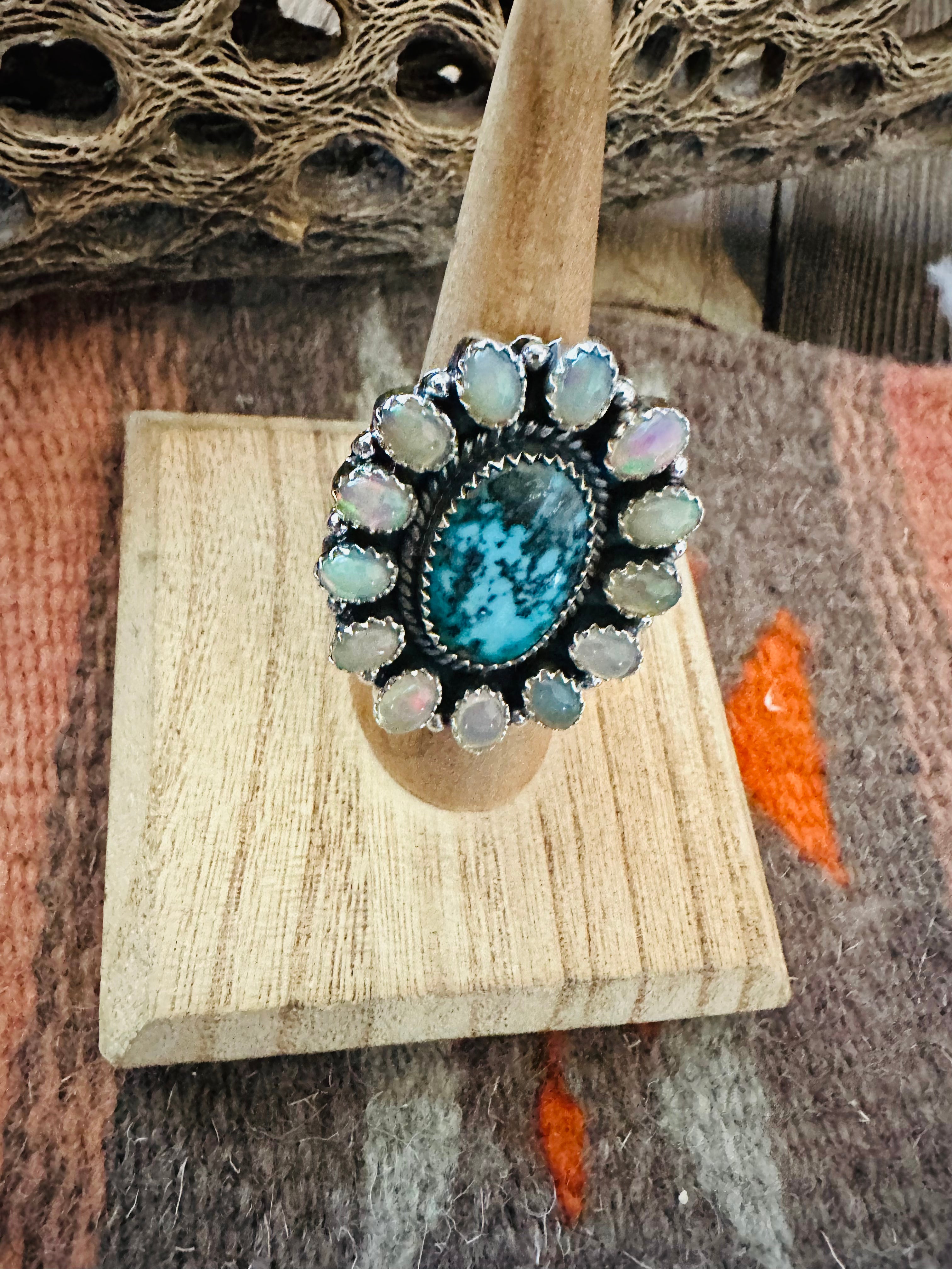 Handmade Sterling Silver Turquoise & Opal Cluster Adjustable Ring