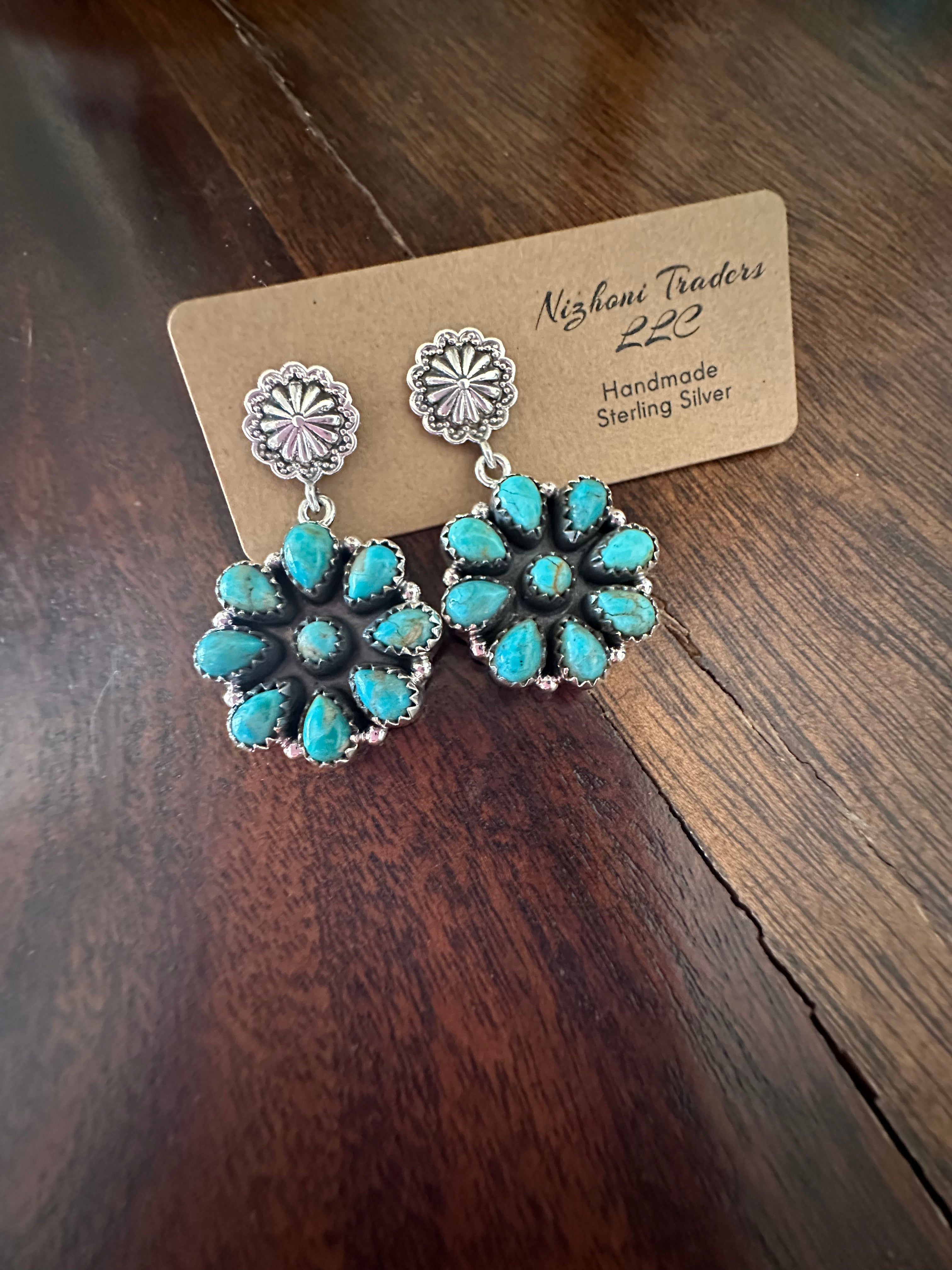 Handmade Royston Turquoise Concho Post Dangle Earrings