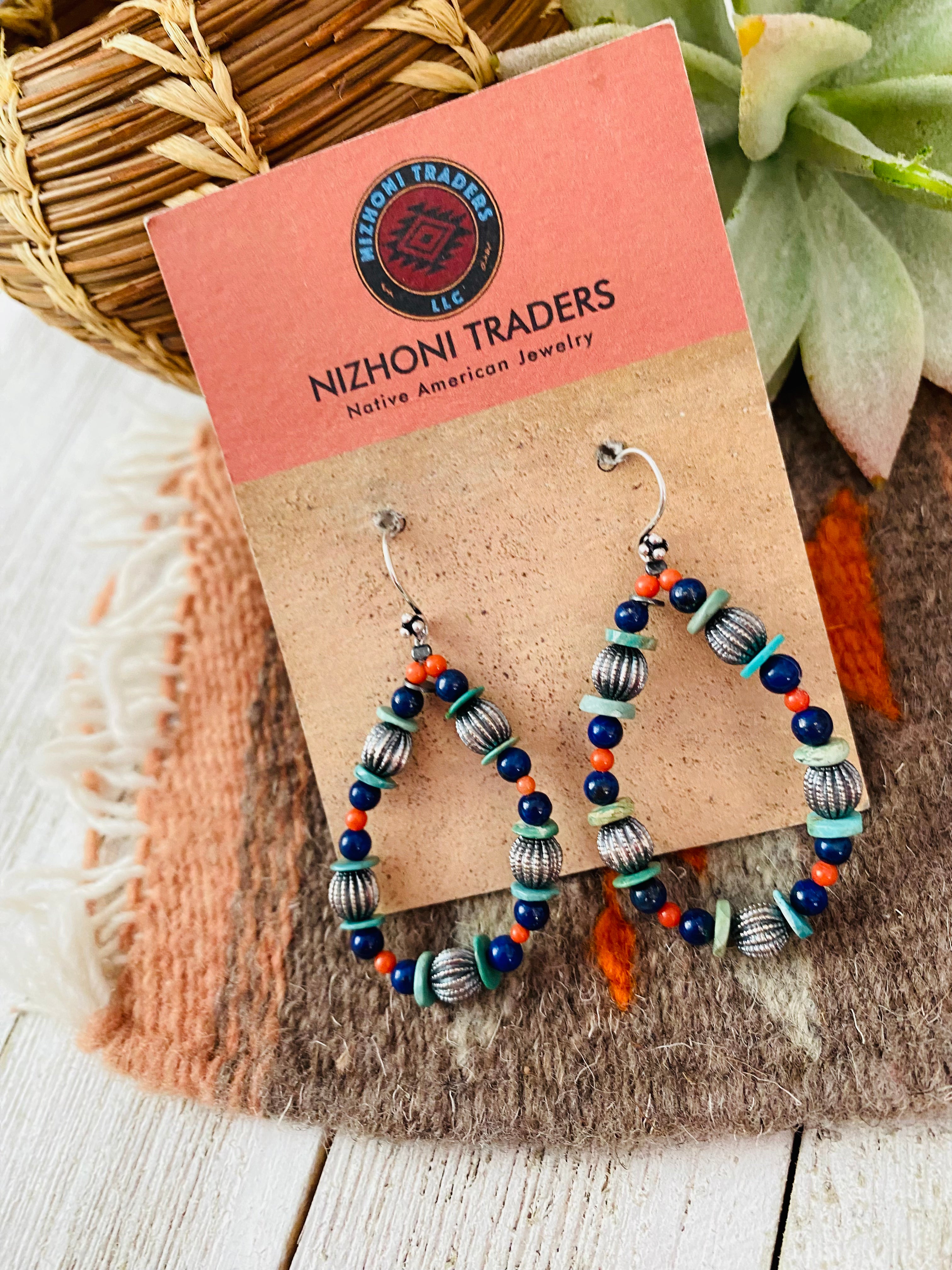 Handmade Turquoise, Coral, Lapis And Sterling Silver Beaded Dangle Earrings