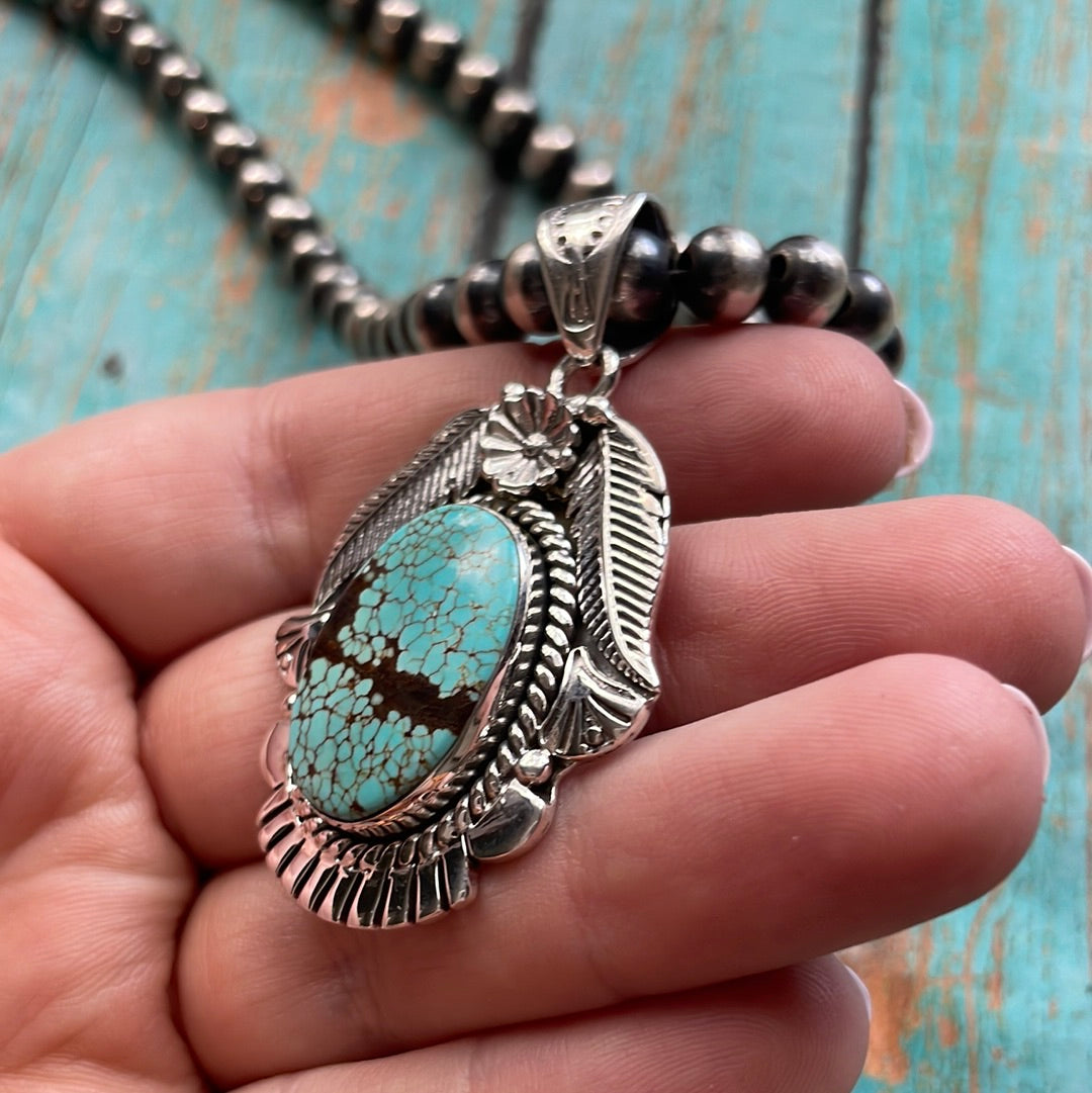 Handmade Sterling Silver & Number 8 Turquoise Pendant Signed Nizhoni