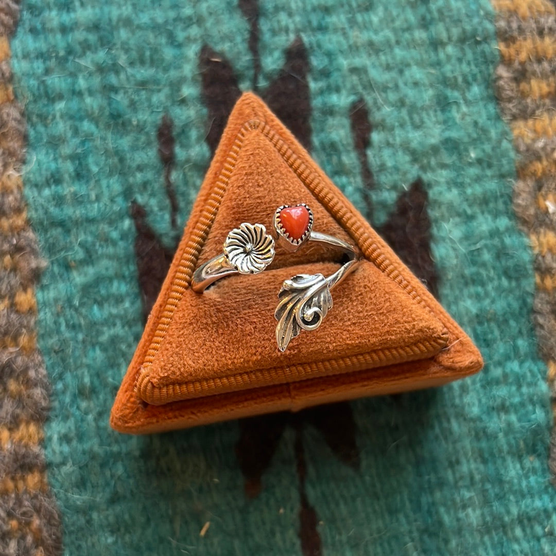 Navajo Coral And Sterling Silver Adjustable Flower Heart Ring