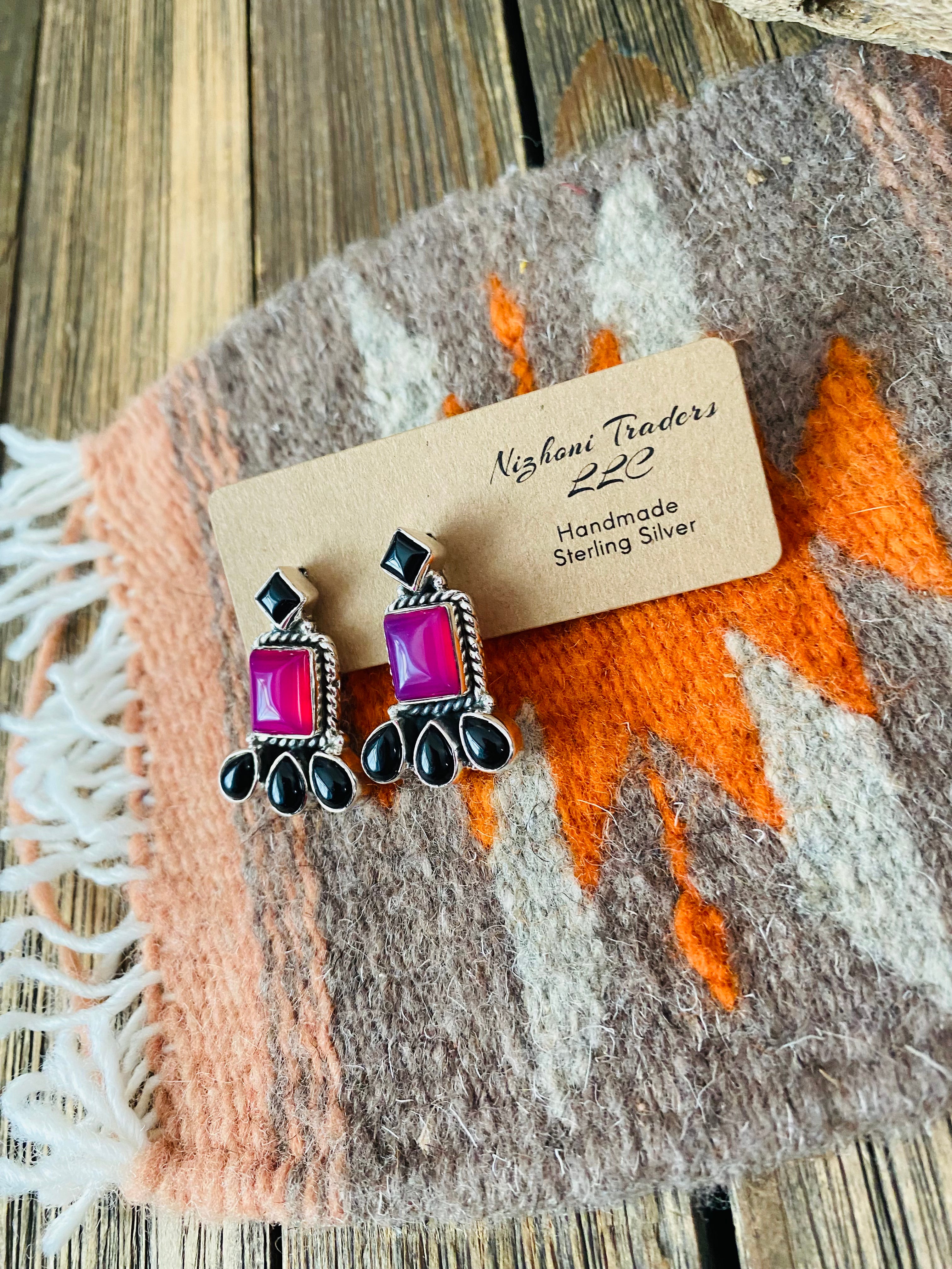 Handmade Pink & Black Onyx Sterling Silver Post Earrings Signed Nizhoni