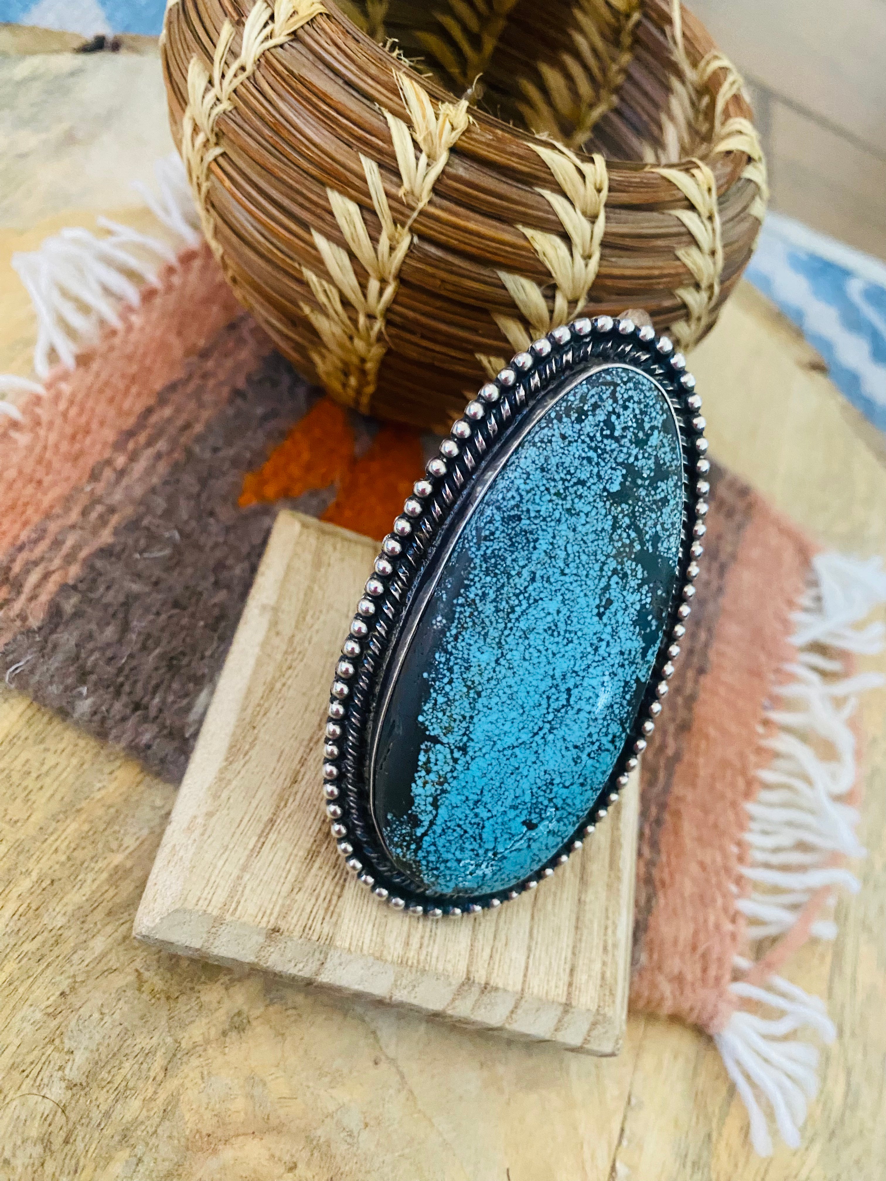 Navajo Natural Turquoise & Sterling Silver Ring Size 11