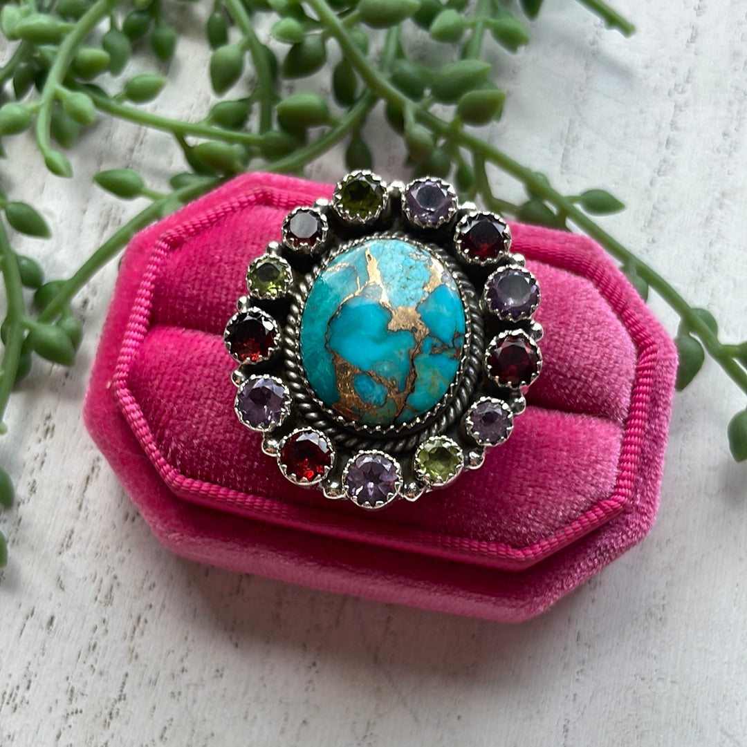 Nizhoni Turquoise, Peridot, Ruby, Amethyst & Sterling Silver Handmade Ring