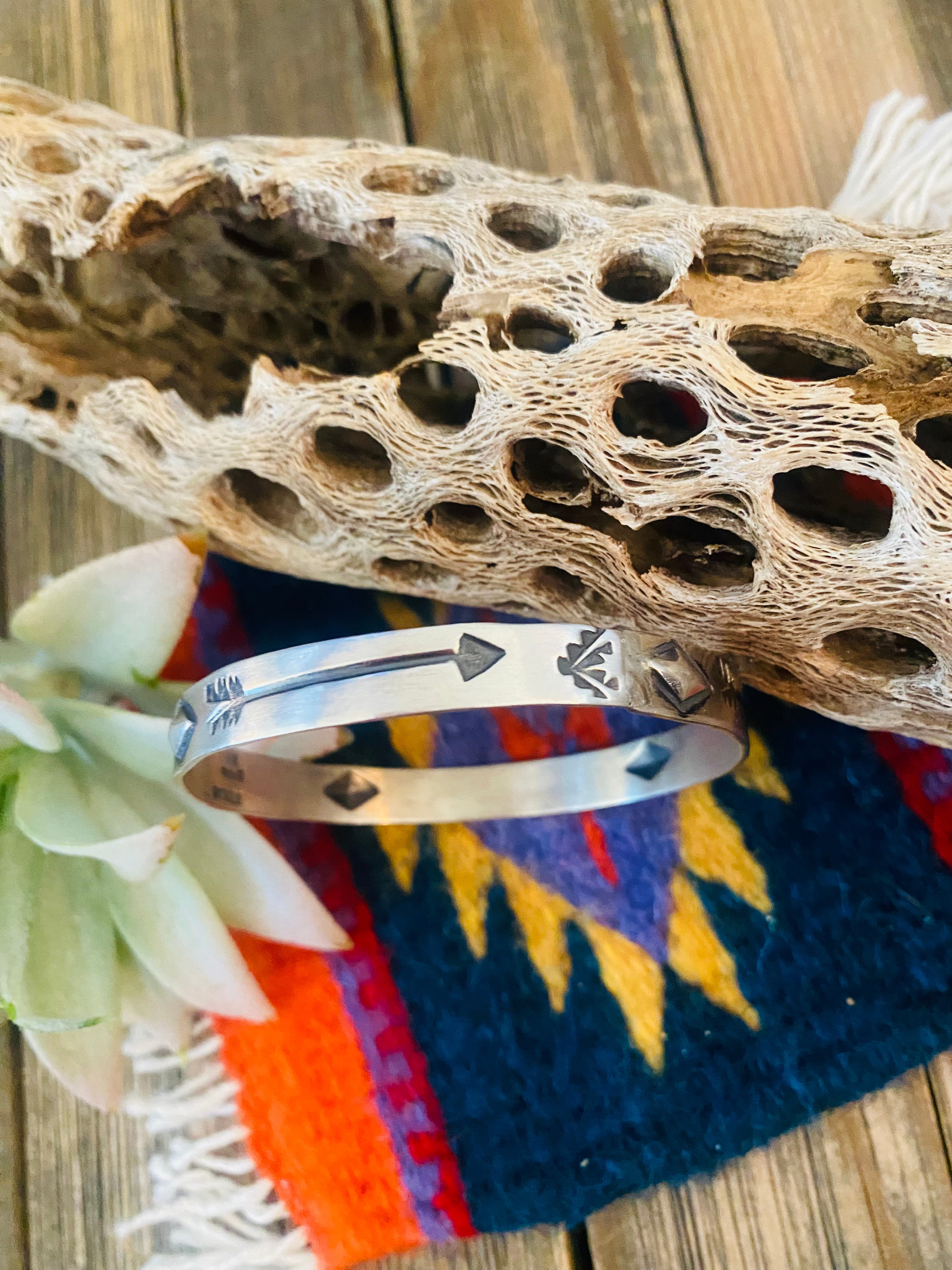 Navajo Hand Stamped Sterling Silver Bangle Bracelet by Elvira Bill