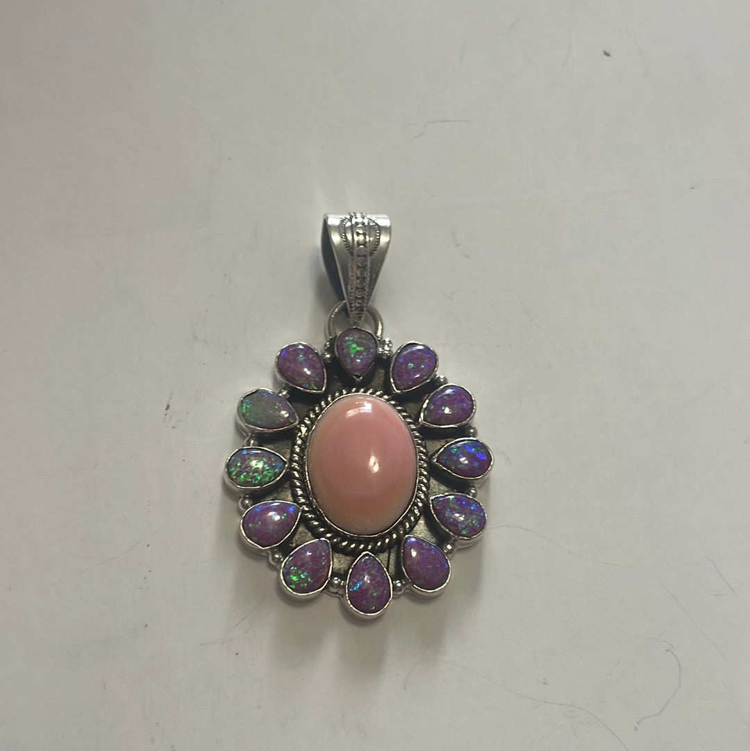 Handmade Pink Conch, Purple Fire Opal & Sterling Silver Oval Flower Pendant