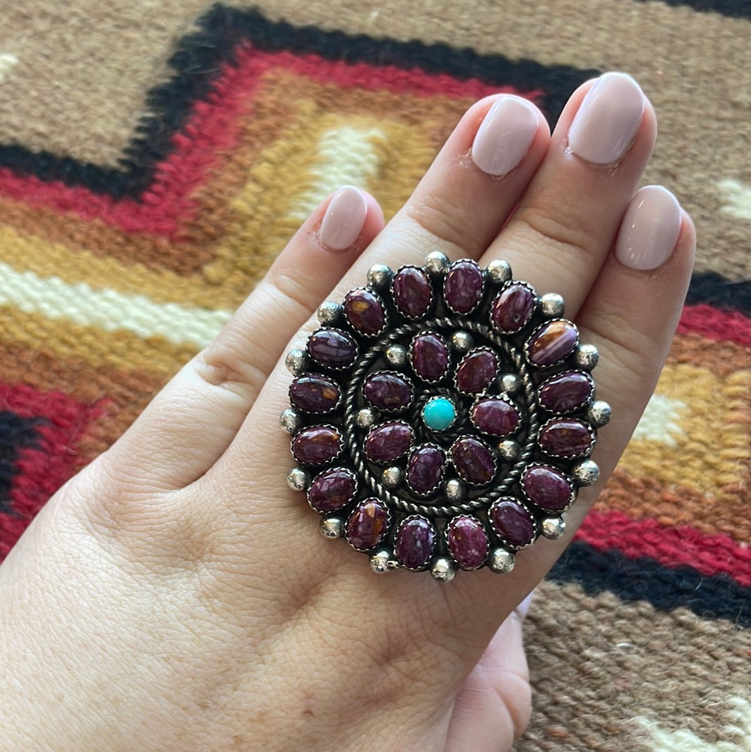 Navajo Sterling Silver, Turquoise, Purple Spiny Flower Adjustable Ring Signed