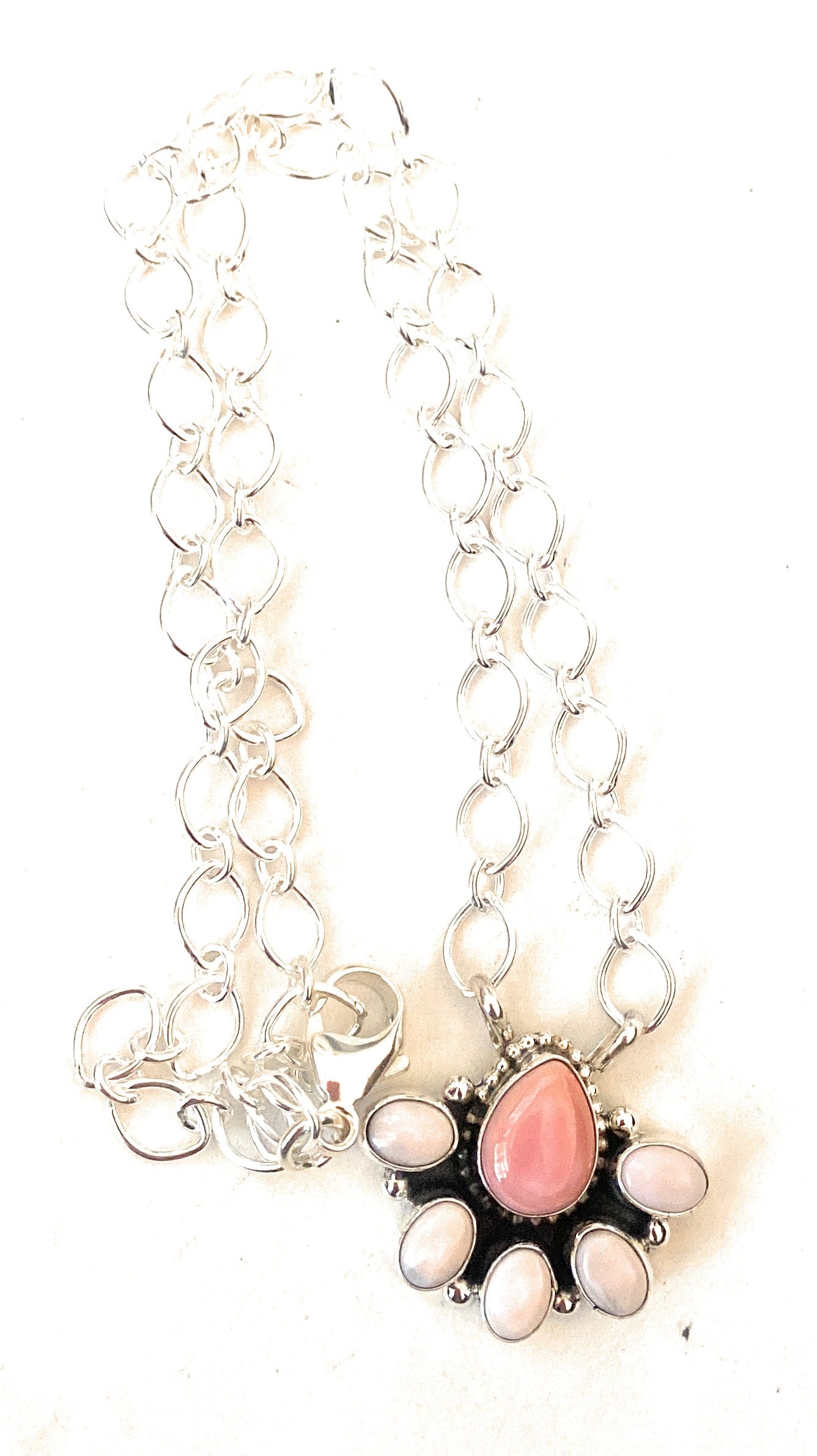 Navajo Sterling Silver & Pink Conch Shell Cluster Necklace