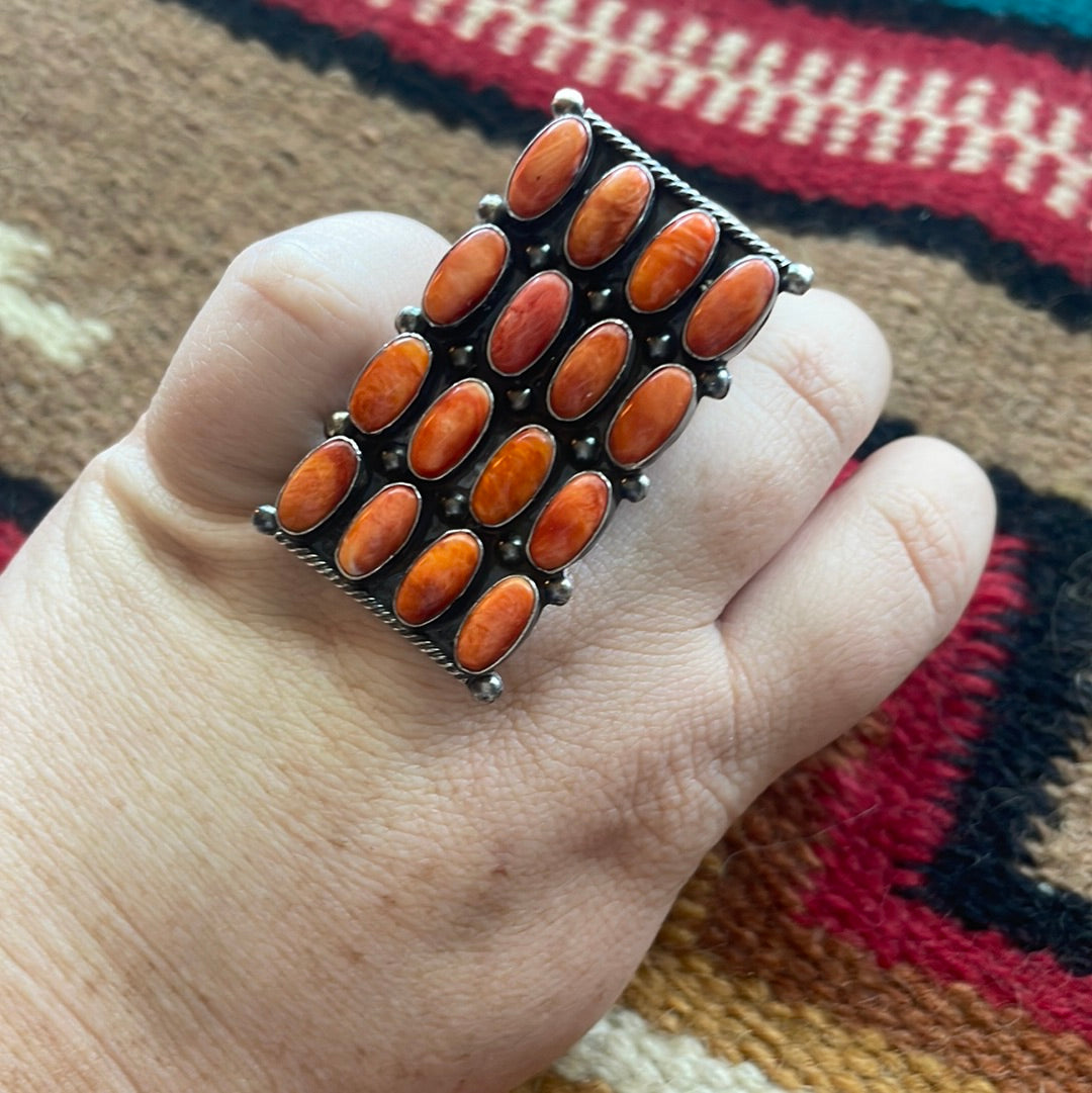 Navajo Sterling Silver & Orange Spiny Cluster Ring Size 8 Signed Jacquline Silver