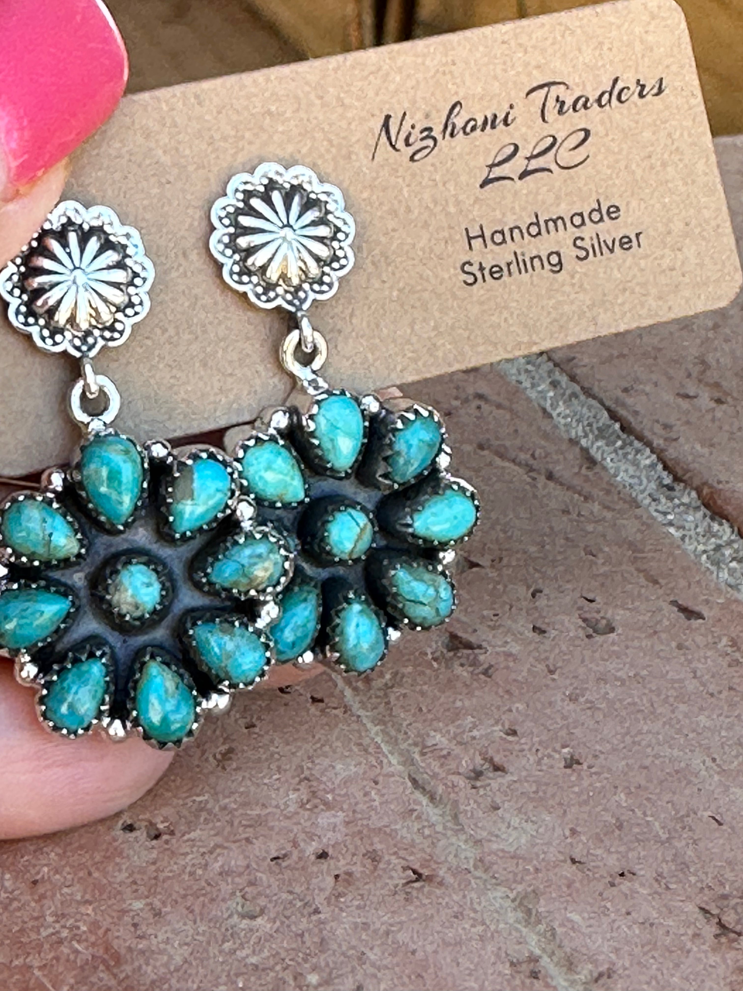 Handmade Royston Turquoise Concho Post Dangle Earrings