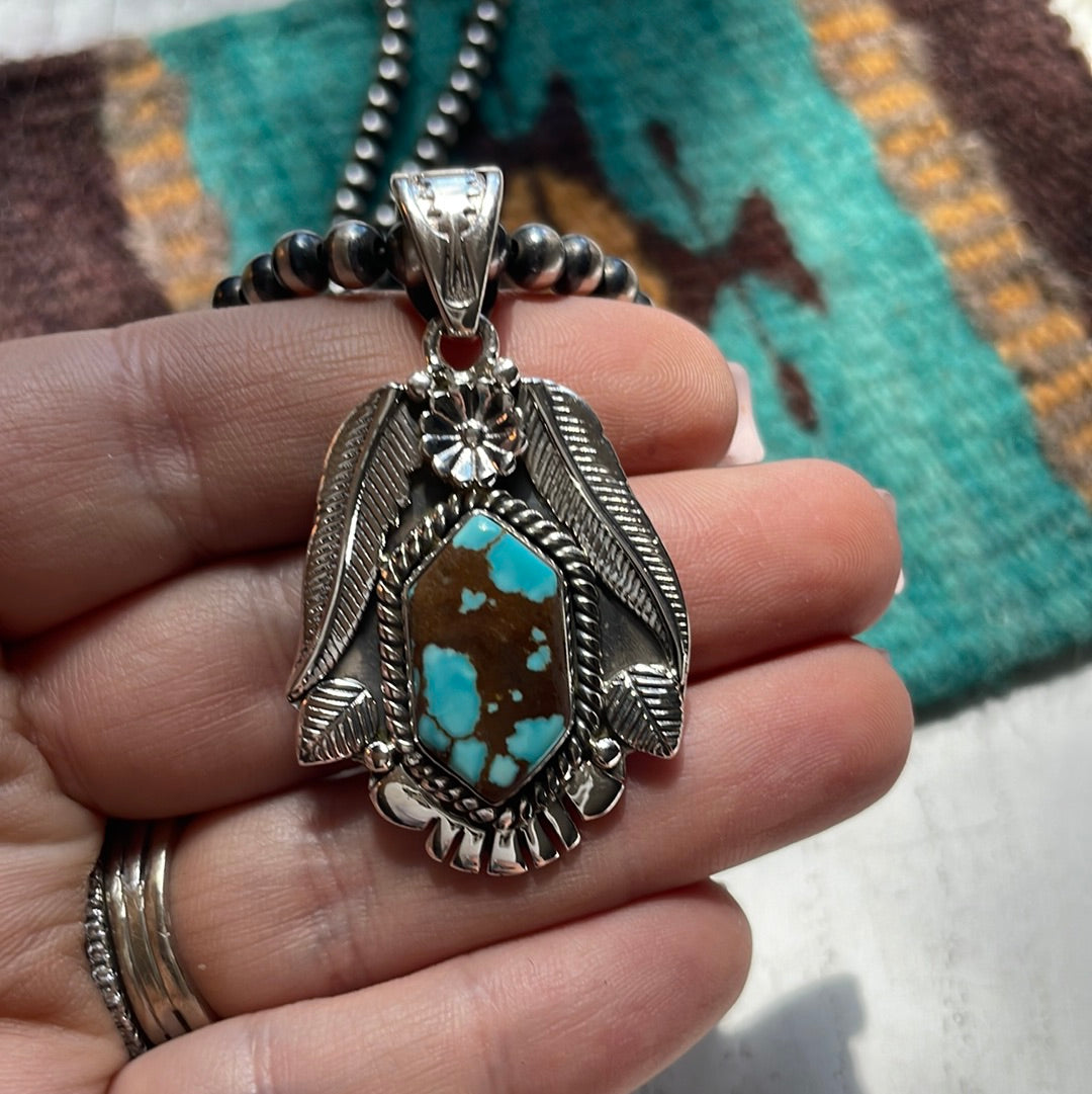 Handmade Sterling Silver & Number 8 Turquoise Pendant Signed Nizhoni