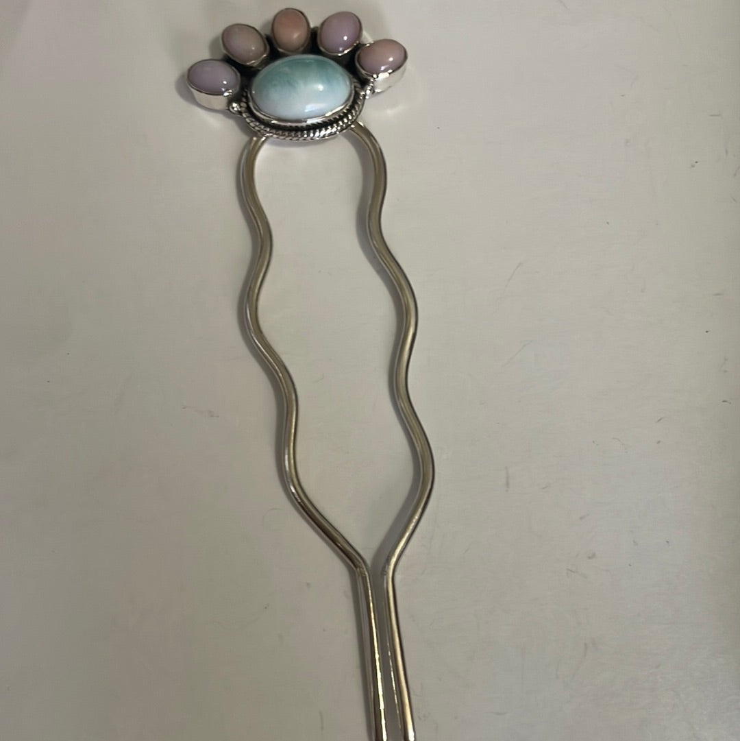 Handmade Larimar, Pink Conch & Sterling Silver Hair Pin