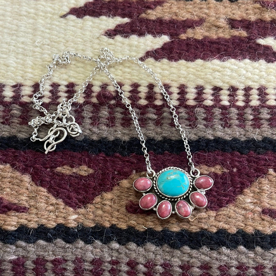 Handmade Sterling Silver, Rhodonite & Turquoise Necklace