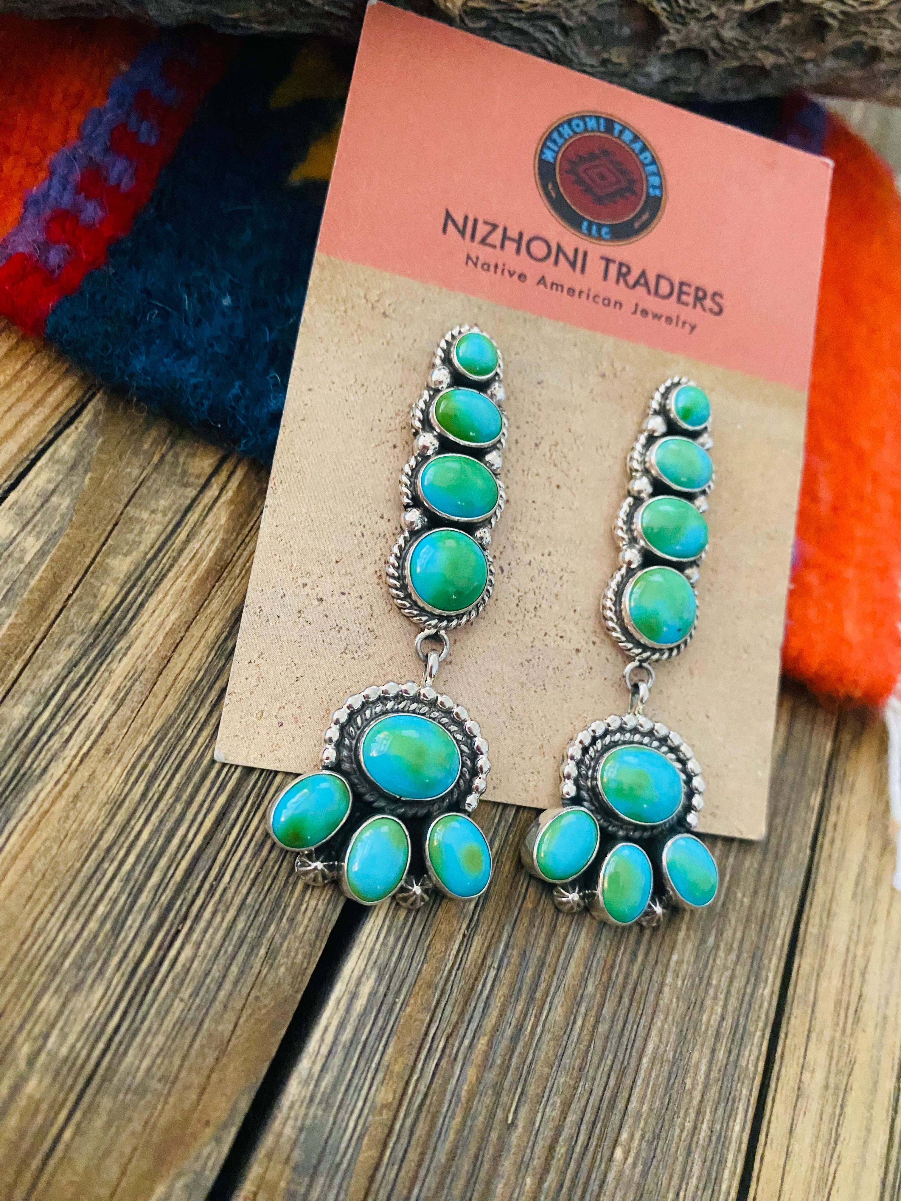 Navajo Sterling Silver & Sonoran Gold Turquoise Dangle Earrings by Lucinda Linkin