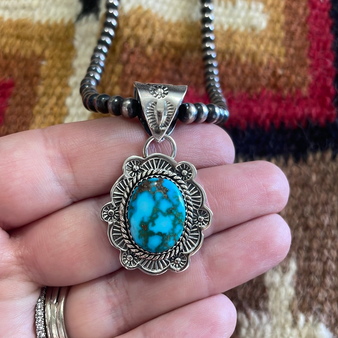 Handmade Sterling Silver & Kingman Web Turquoise Pendant Signed Nizhoni