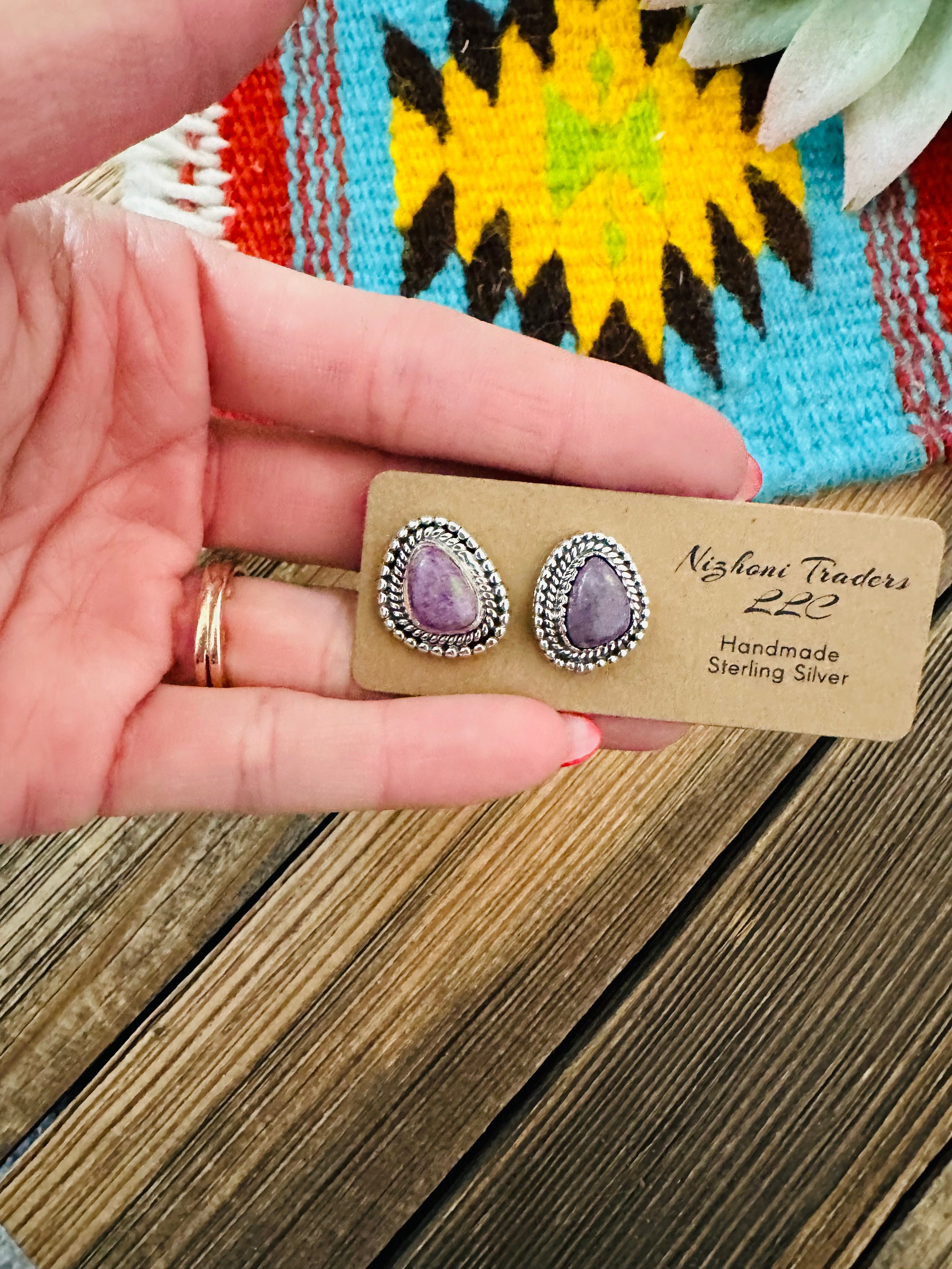 Handmade Charoite And Sterling Silver Stud Earrings