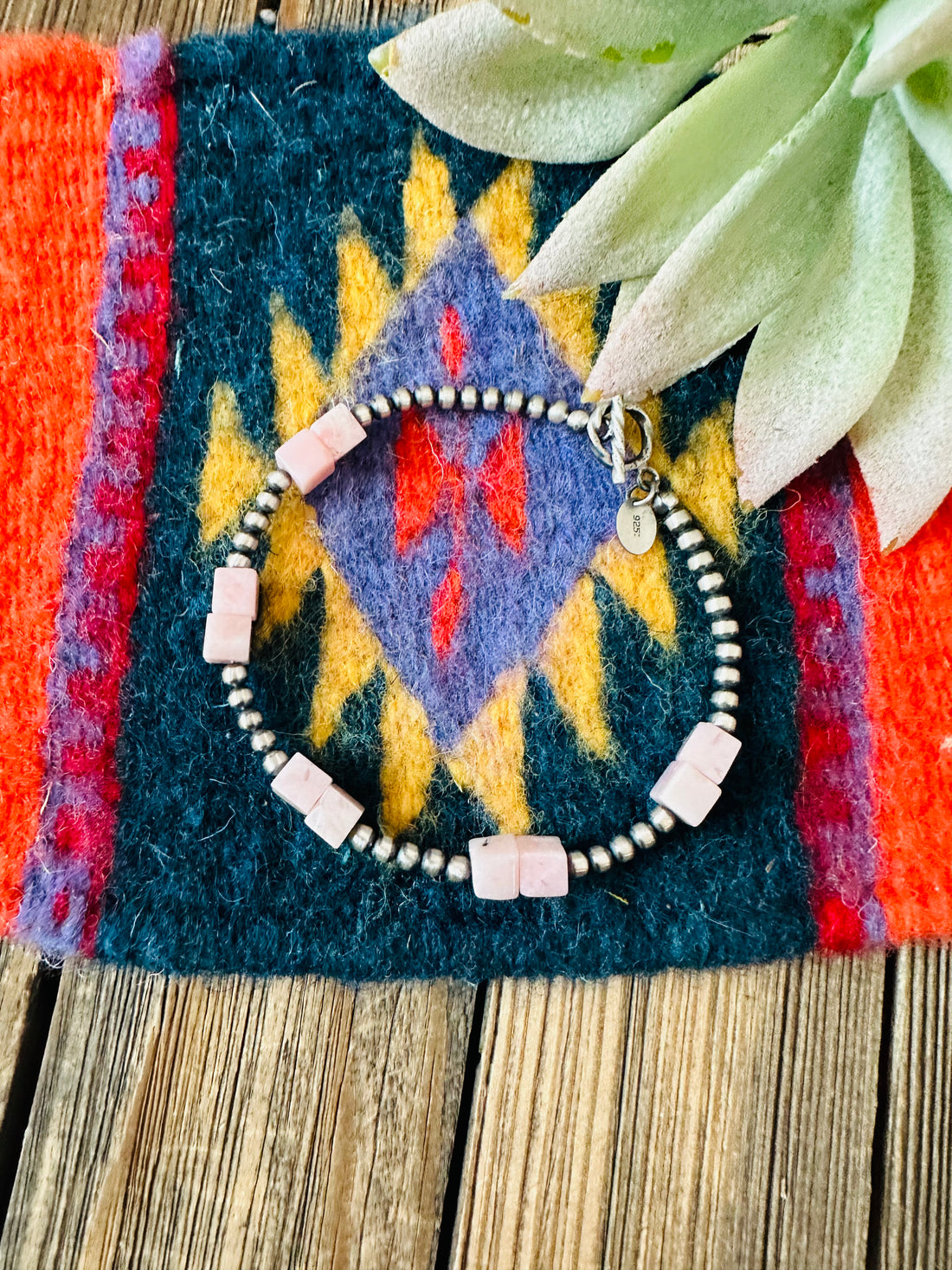 Handcrafted Queen Pink Conch Shell & Sterling Silver Beaded Bracelet