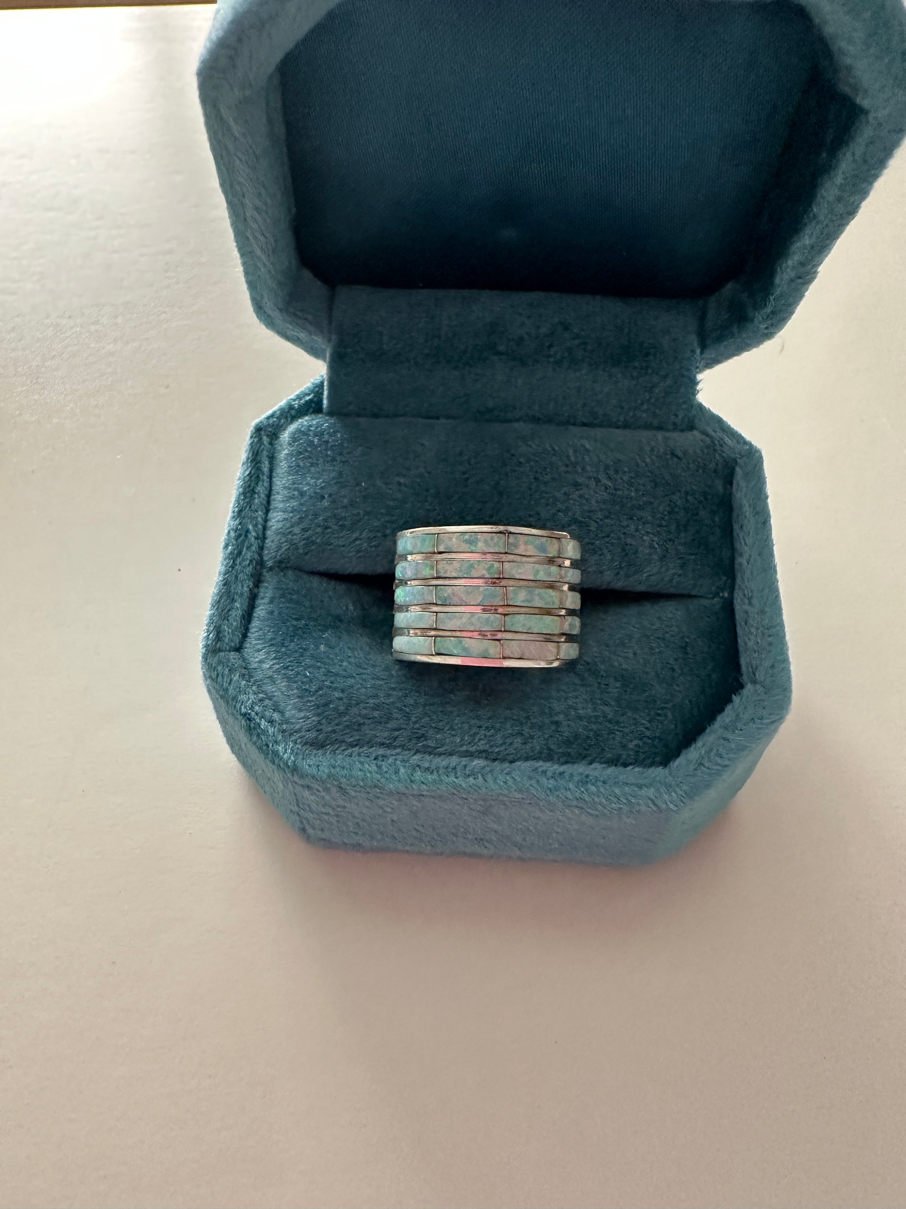 Navajo Sterling Silver & White Opal Inlayed Wide Stacker Ring