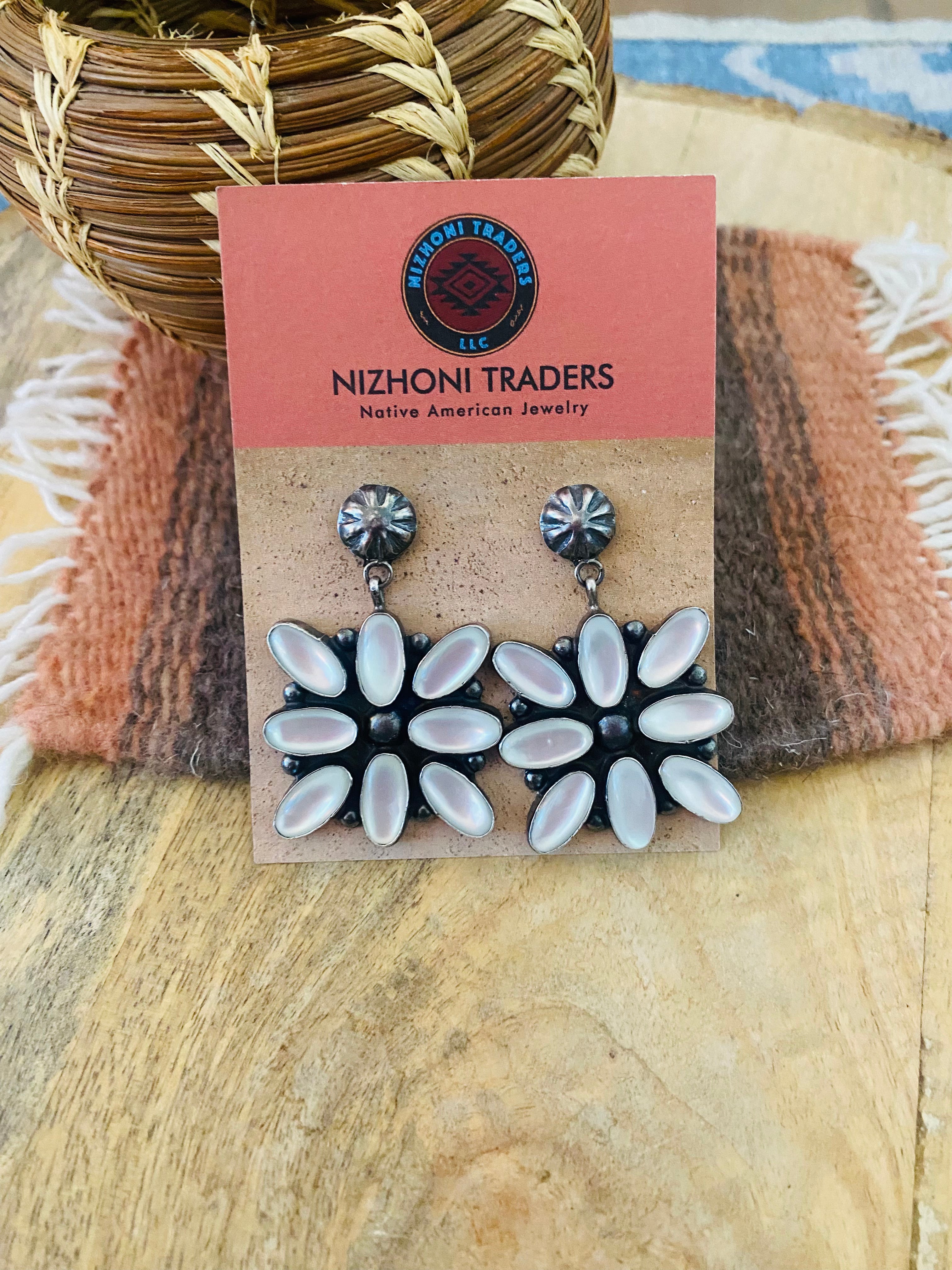 Navajo Mother of Pearl & Sterling Silver Dangle Earrings