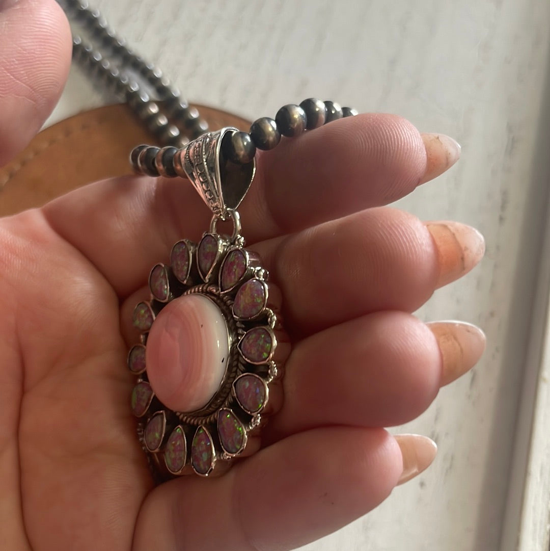 Handmade Pink Conch, Purple Fire Opal & Sterling Silver Circle Flower Pendant