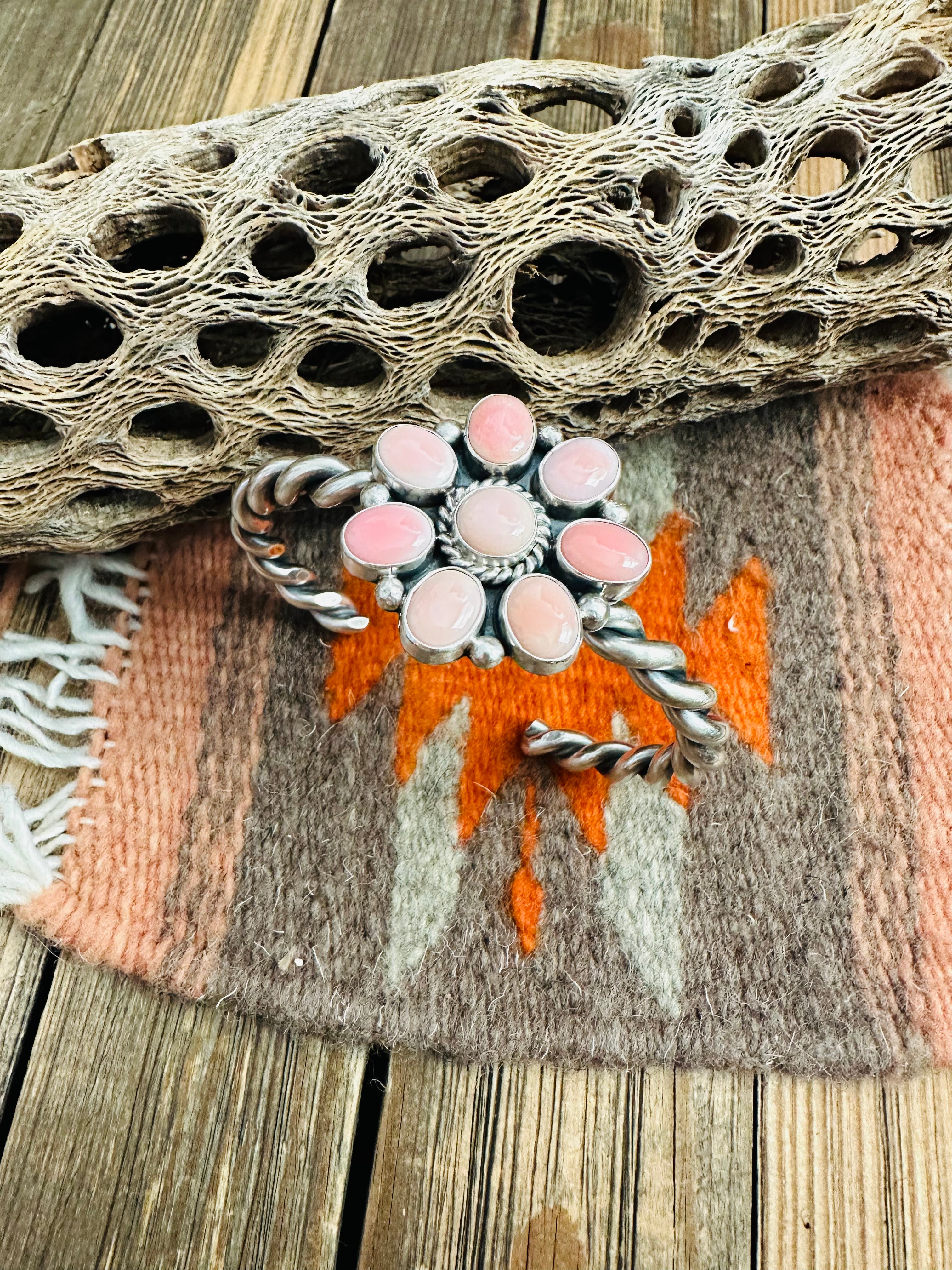 Navajo Queen Pink Conch Shell & Sterling Silver Cluster Cuff Bracelet